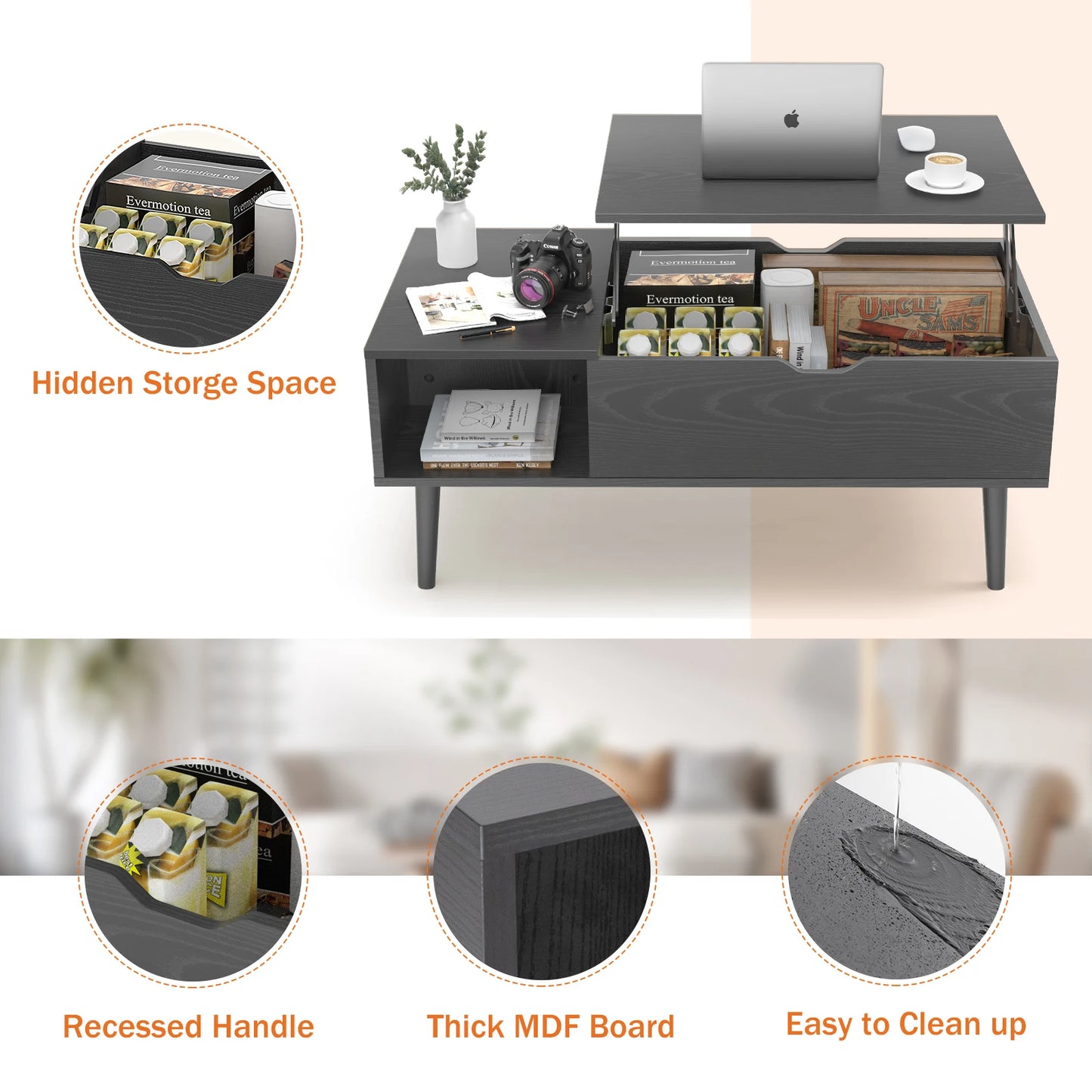 JHK Lift Top Coffee Table With Storage And Adjustable Height