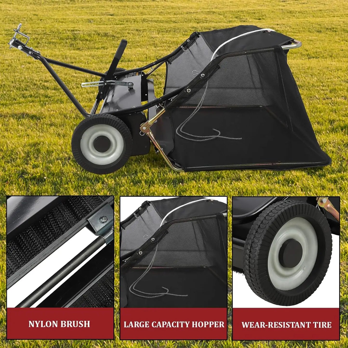 HiMISS Tow Behind Lawn Sweeper With Hopper And Adjustable Height