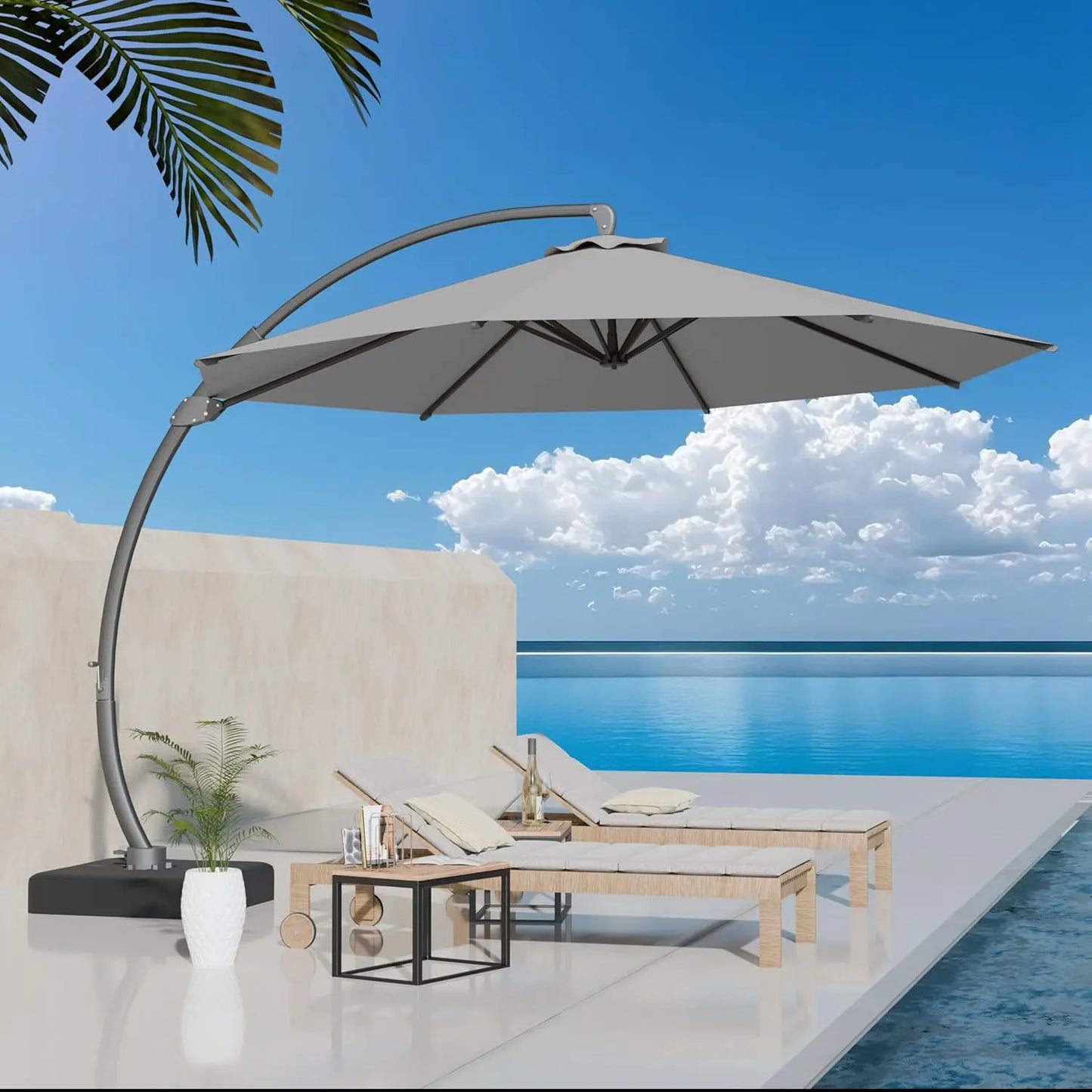 Aluminum Patio Umbrella With Base Cantilever Rotating 360 Degree