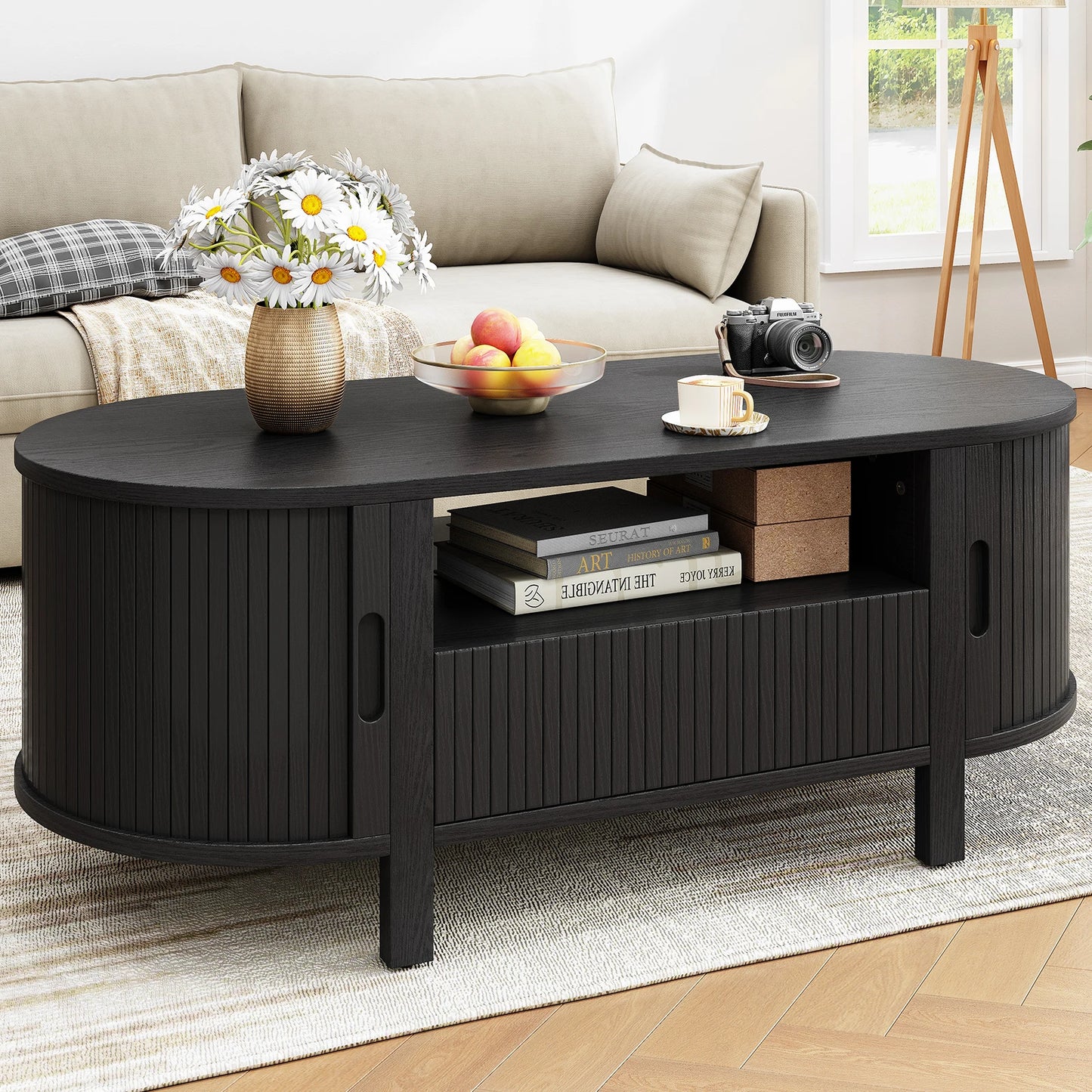 Oval Coffee Table With Storage Cabinets And Sliding Doors