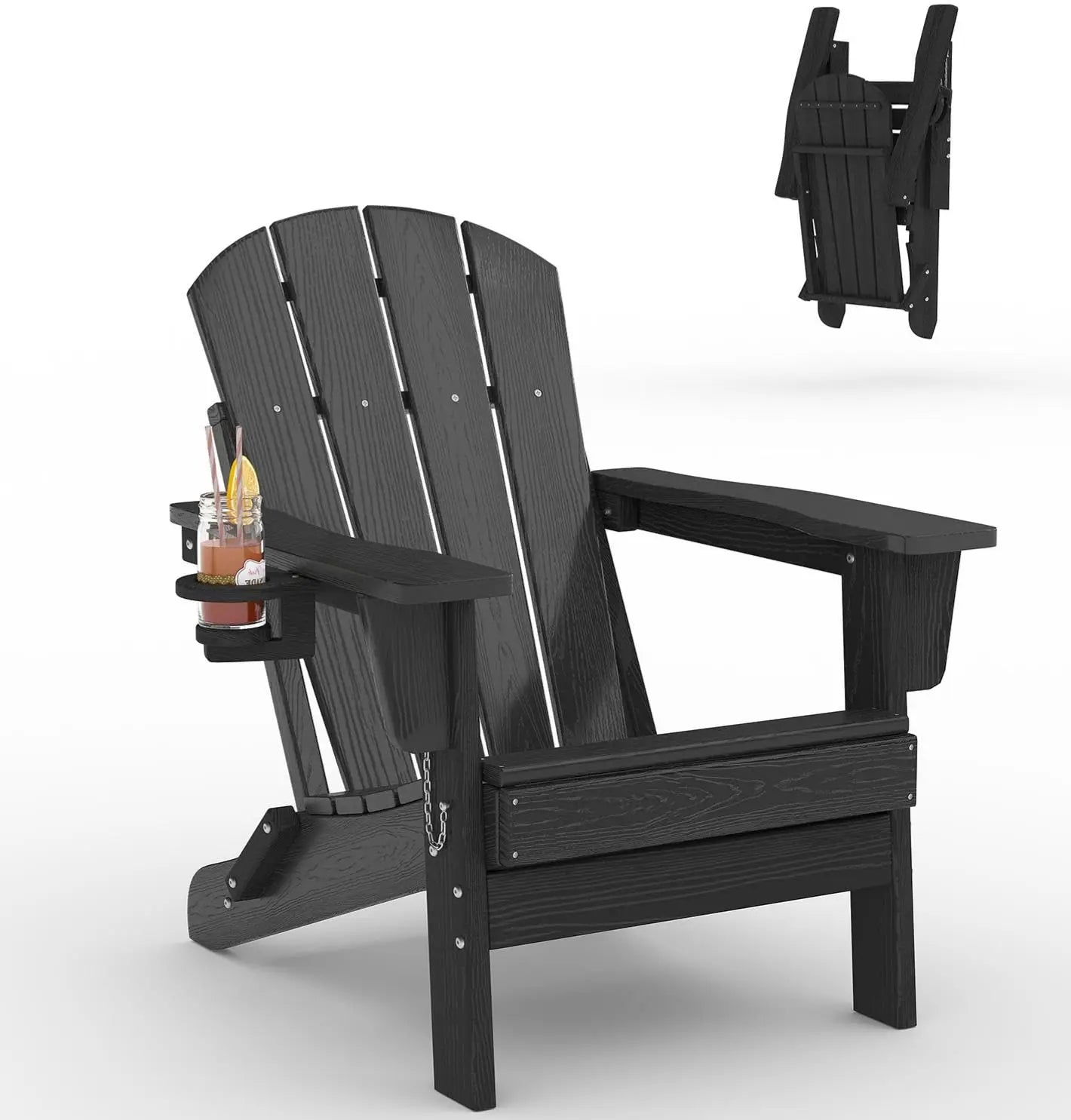 Folding Adirondack Chair All Weather HDPE Outdoor With Cup Holder