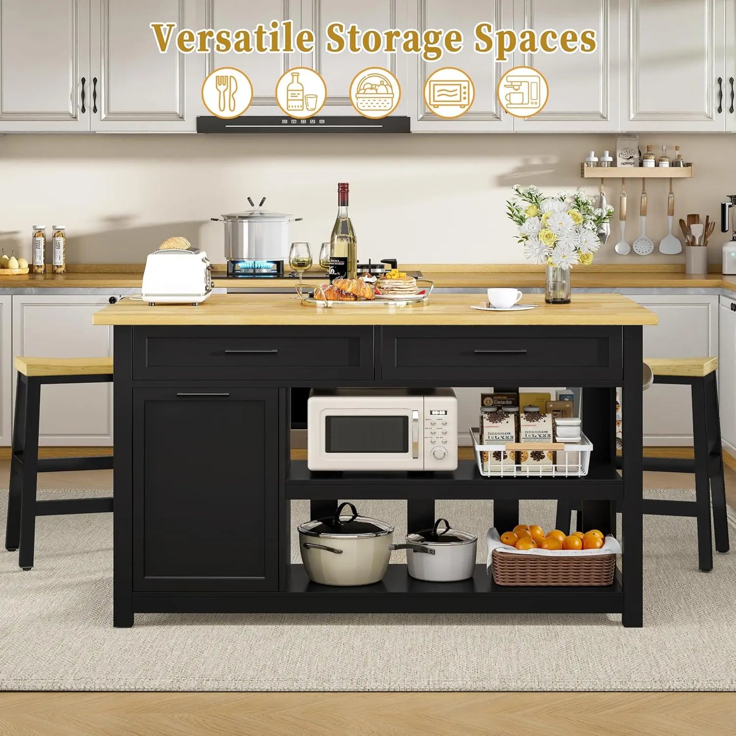 Kitchen Island With Storage And Two Bar Stools Rubberwood Top