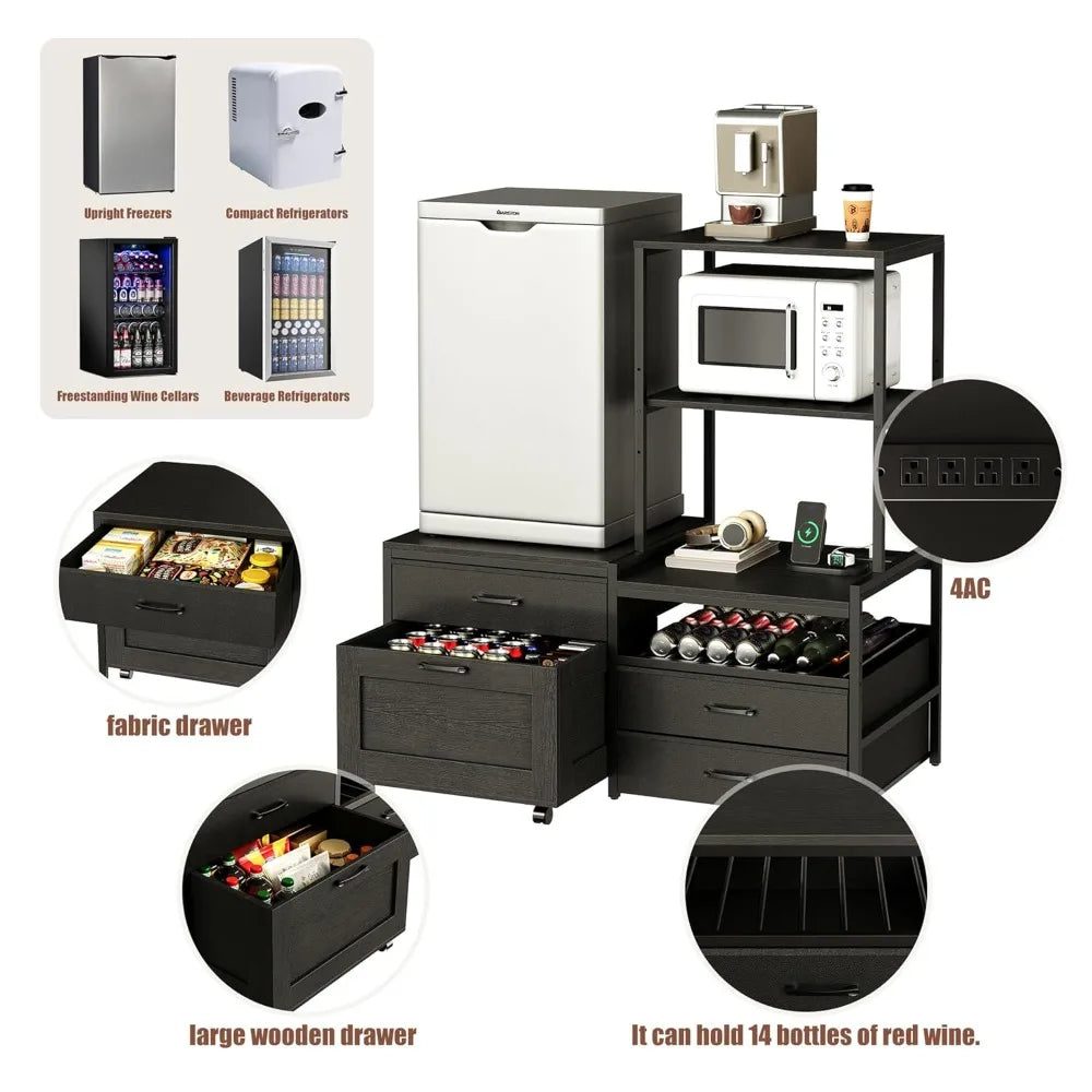 Mini Fridge Stand With Wine Rack And Power Outlet Movable