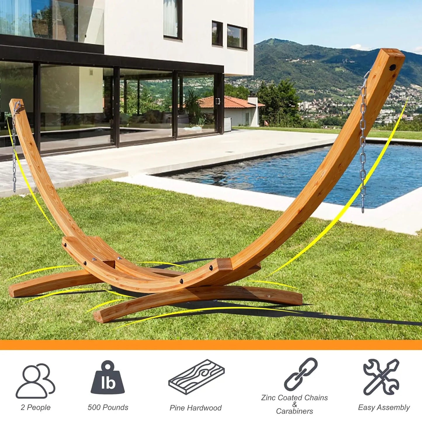 Pine Wood Arc Hammock Stand Outdoor With Carabiners And Chains