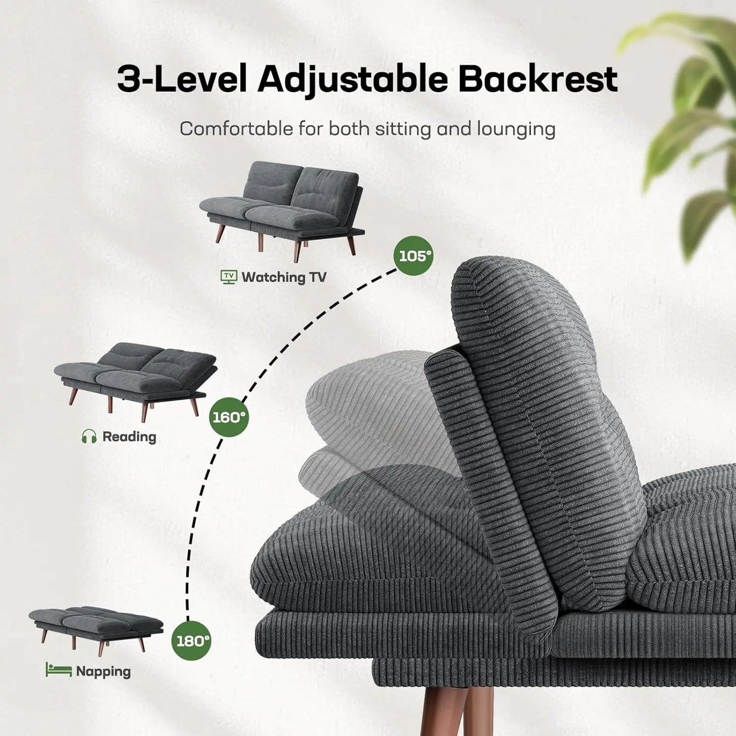 Convertible Futon Sofa Bed With Adjustable Backrest Corduroy Armrests