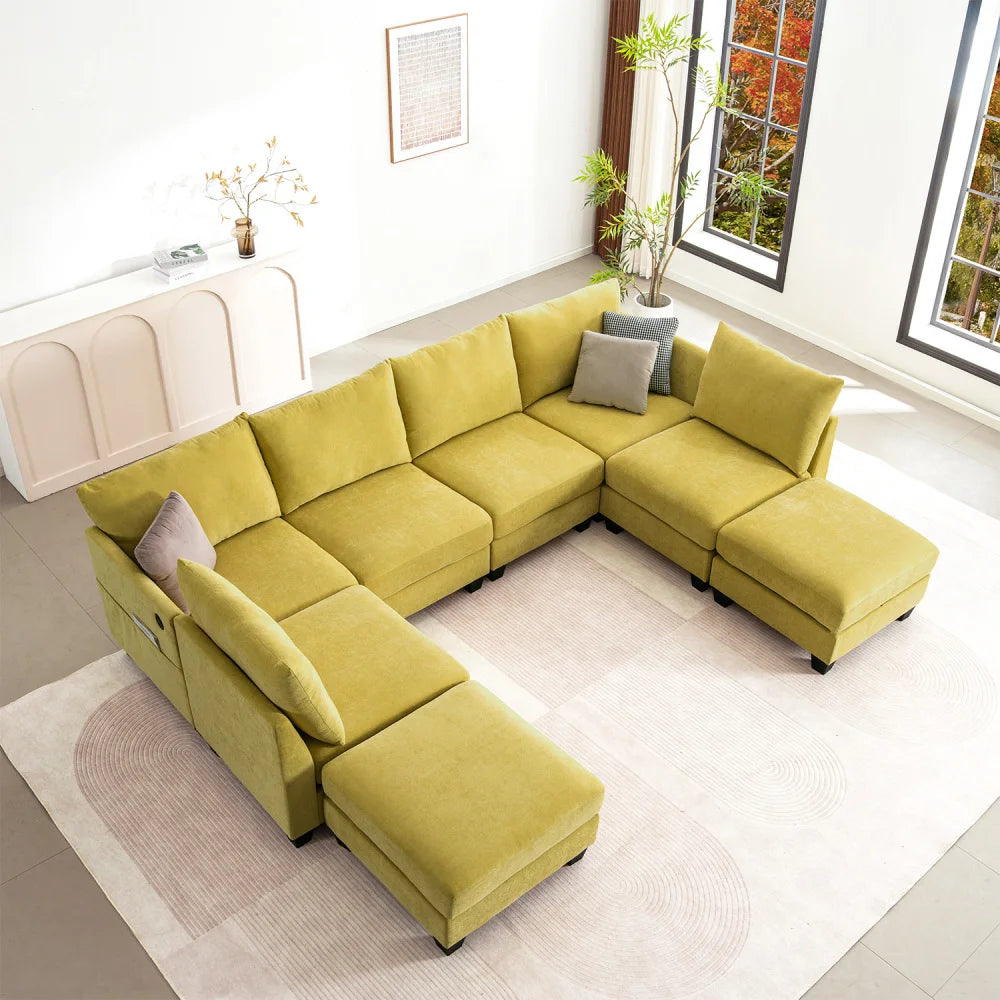 Modern U-Shaped Sectional Sofa With Ottomans, Fabric Living Room Set