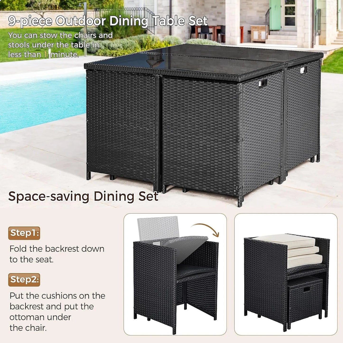 Outdoor Patio Dining Set With Rattan Chairs Glass Table And Removable Cushions