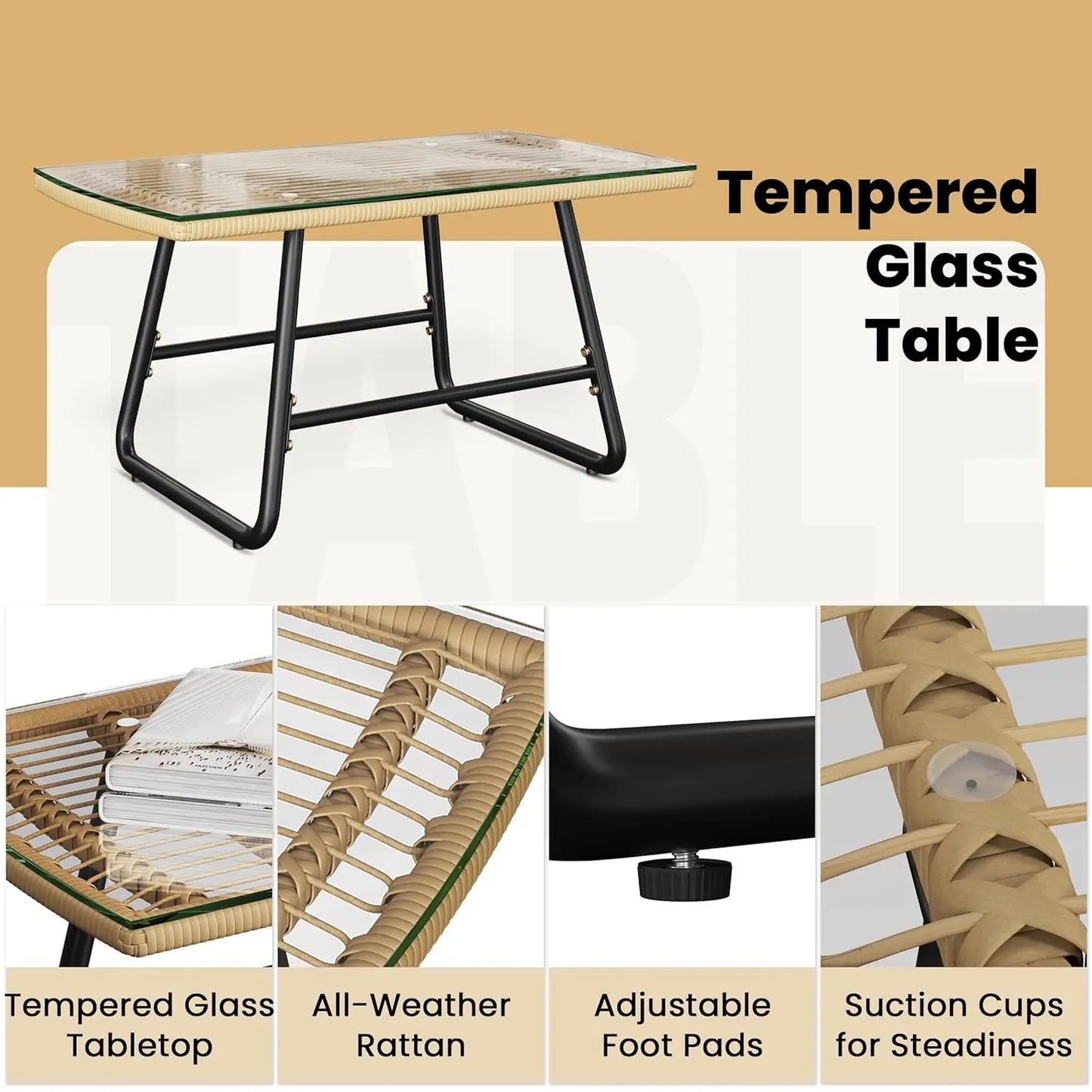 Wicker Patio Set With Cushioned Loveseat And Armchairs Glass Table