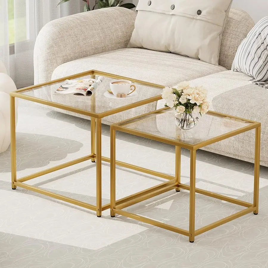 Glass Nesting Coffee Tables Set of 2 With Metal Frame