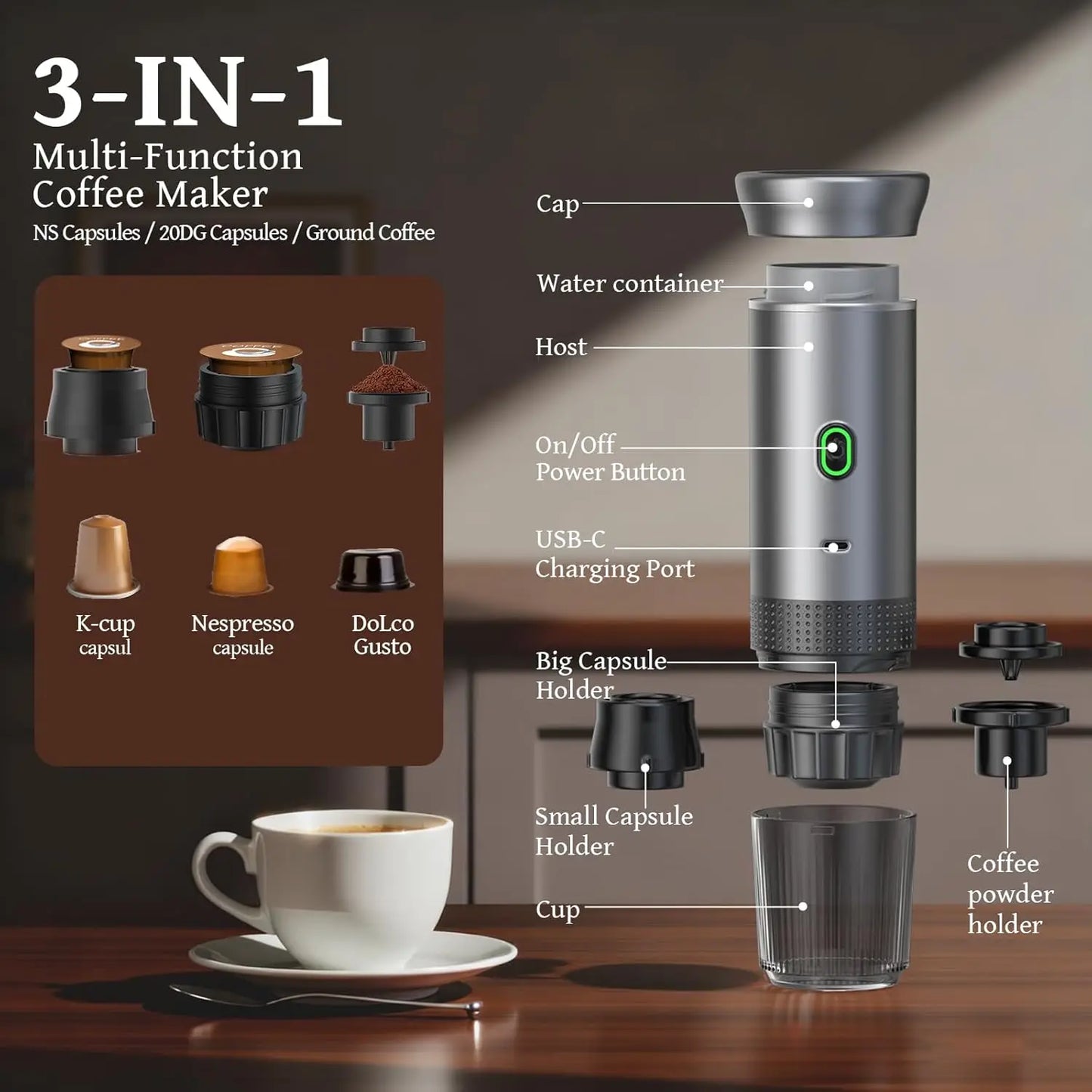 XMSJ Portable Espresso Maker Travel Coffee Machine Three In One
