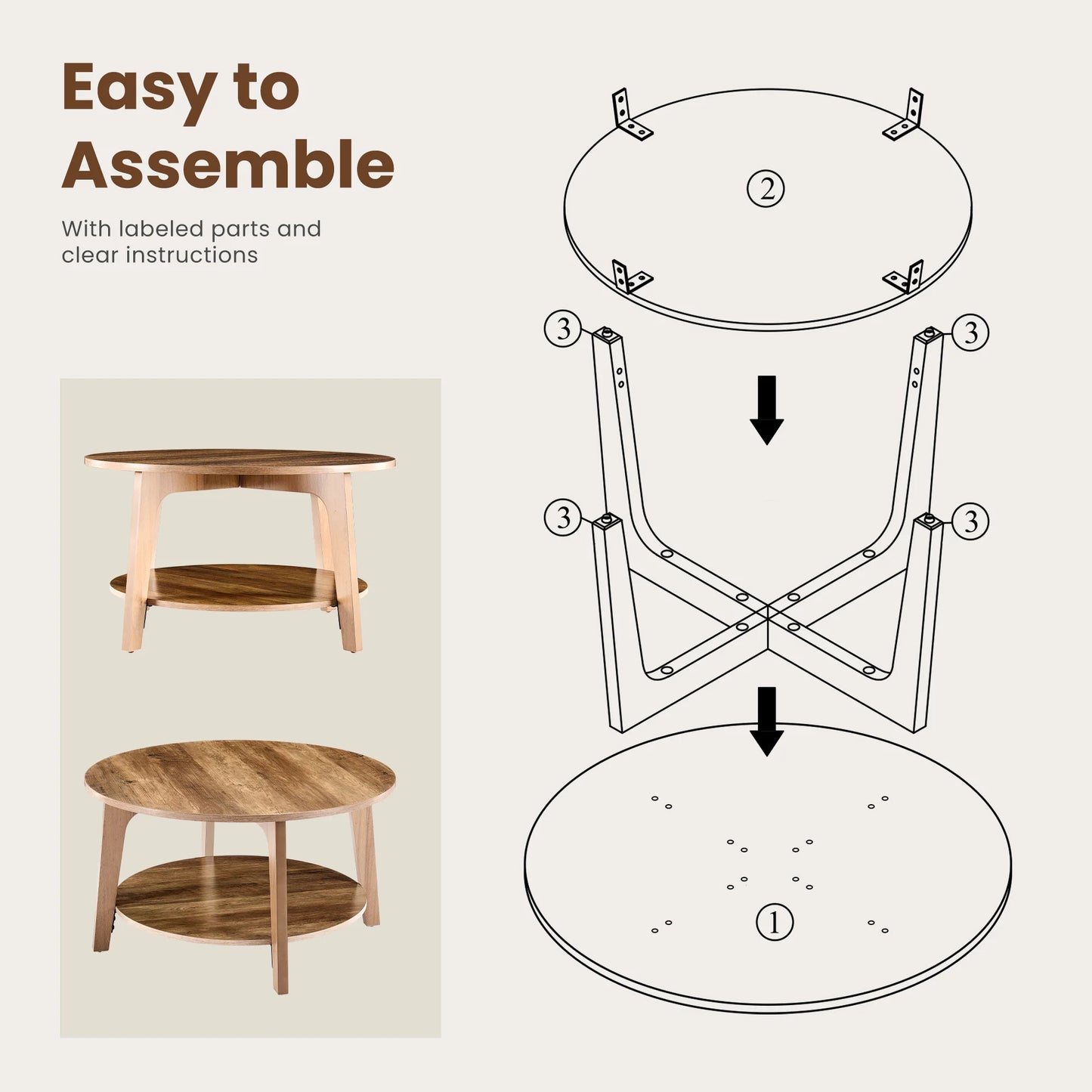 JHK Wood Round Coffee Table With Storage And SlipResistant Feet