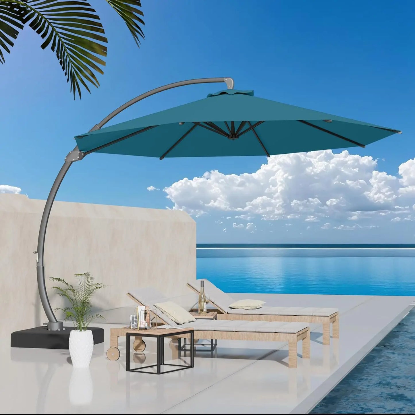Aluminum Patio Umbrella With Base Cantilever Rotating 360 Degree