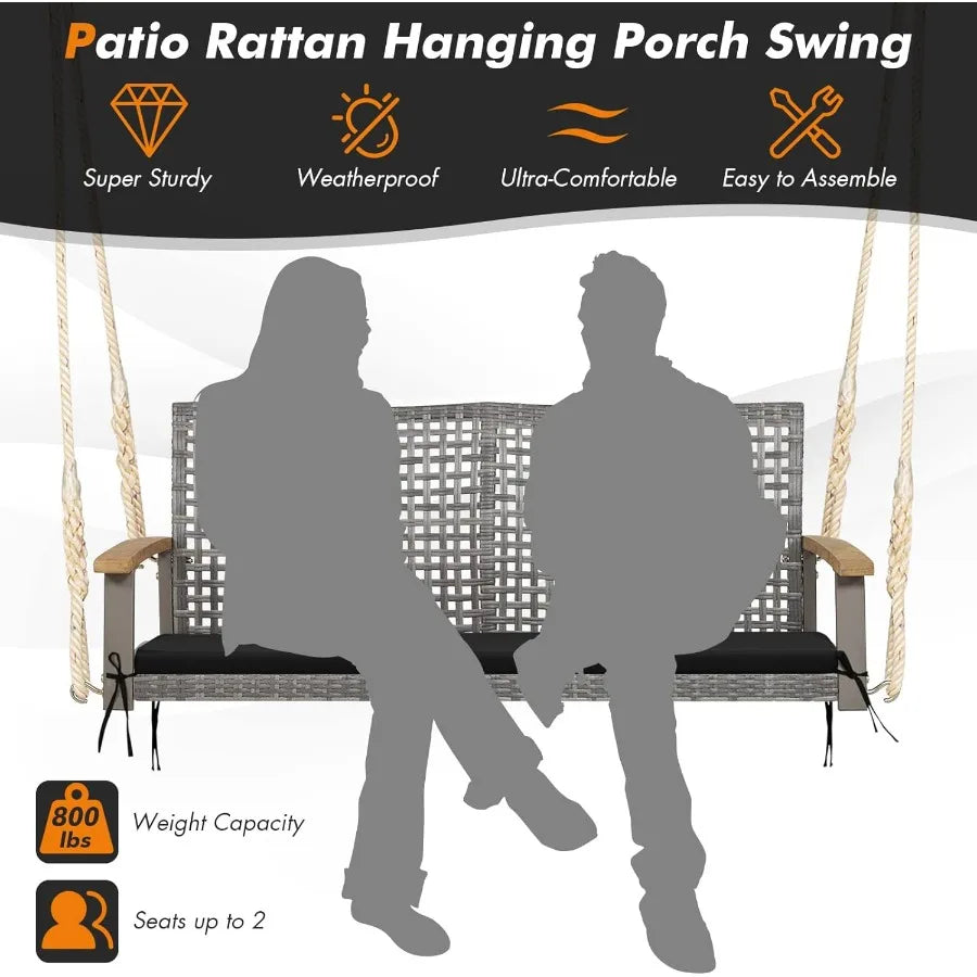 Durable Outdoor Hanging Porch Swing With Cushion For Two