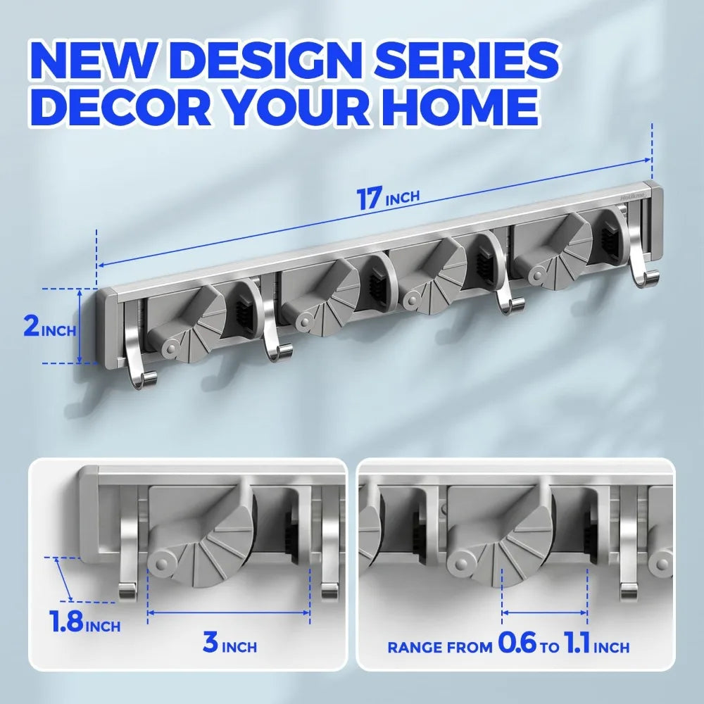 Wall Mounted Mop Broom Holder With Hooks Metal Tool Organizer