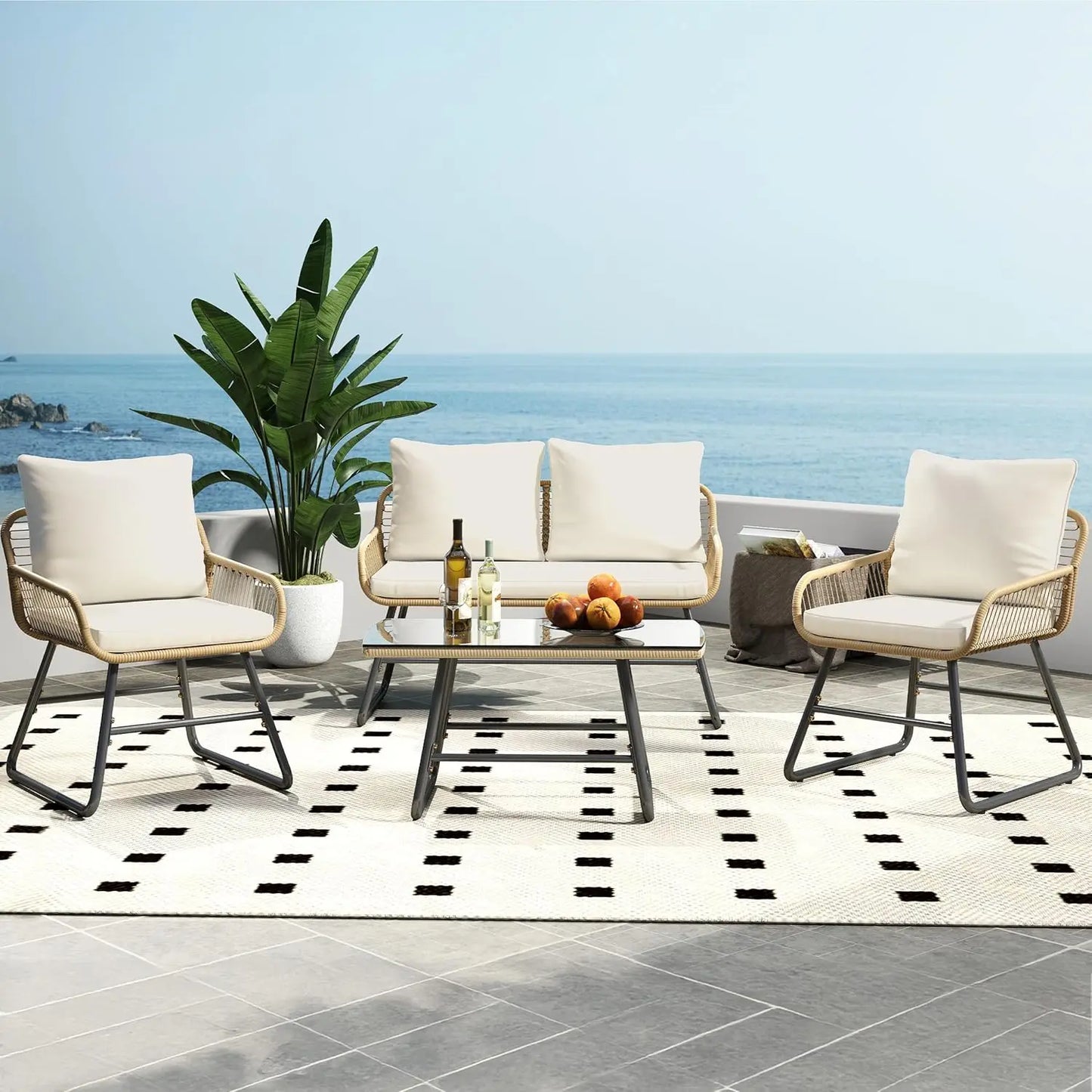 Wicker Patio Set With Cushioned Loveseat And Armchairs Glass Table