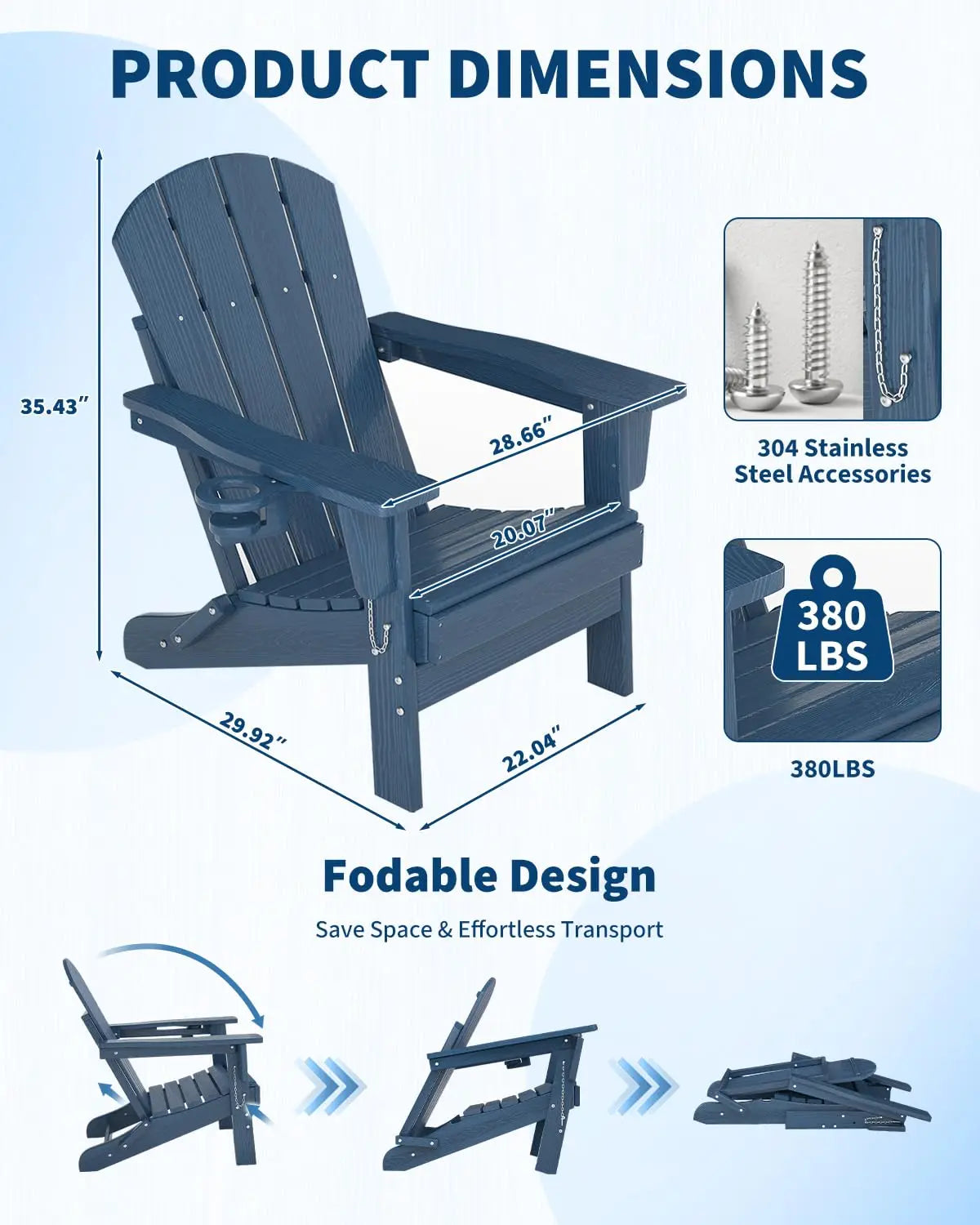 Folding Adirondack Chair All Weather HDPE Outdoor With Cup Holder