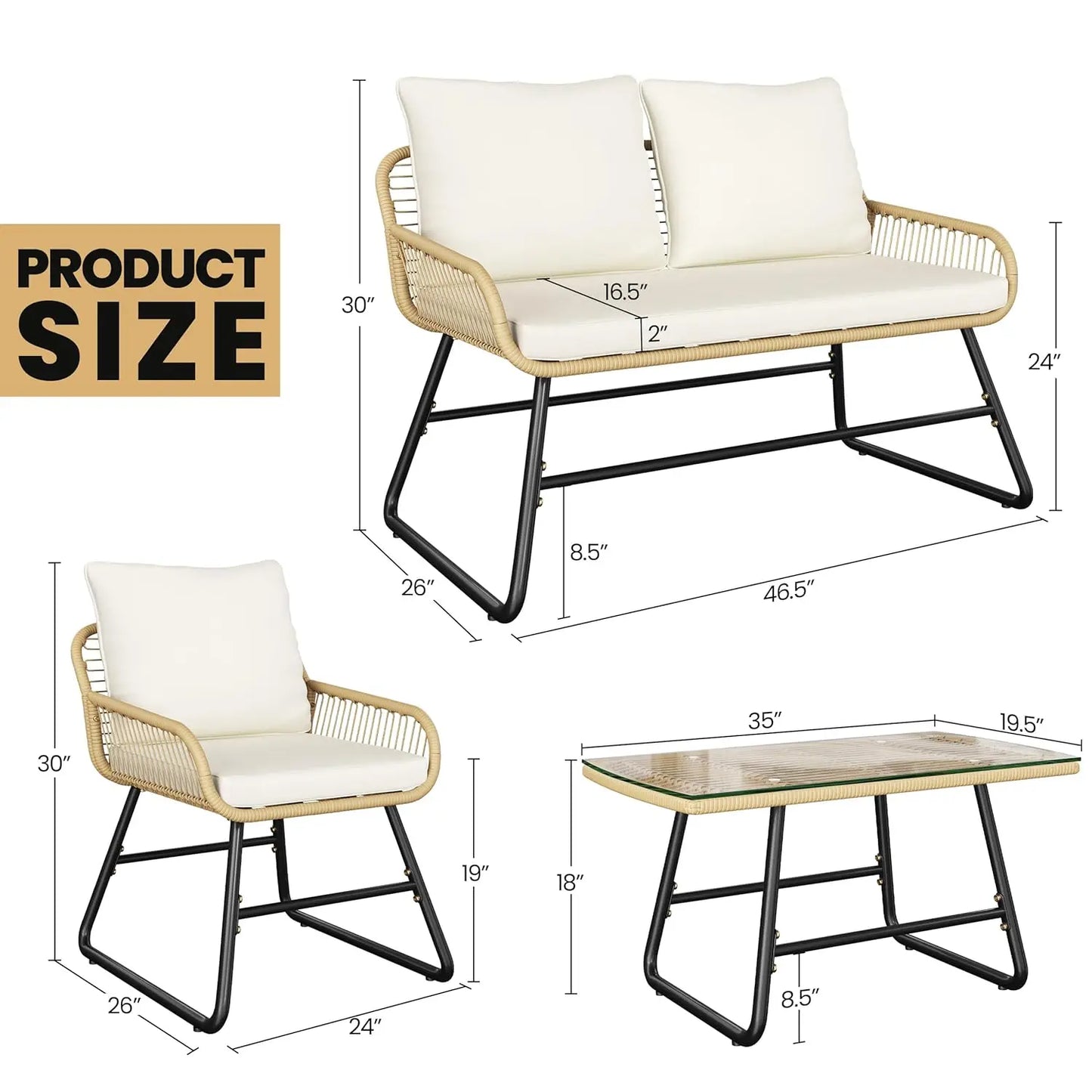 Wicker Patio Set With Cushioned Loveseat And Armchairs Glass Table