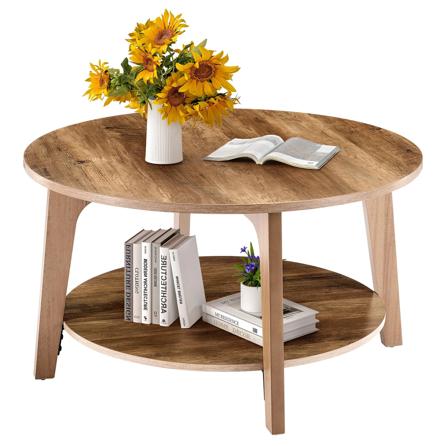 JHK Wood Round Coffee Table With Storage And SlipResistant Feet