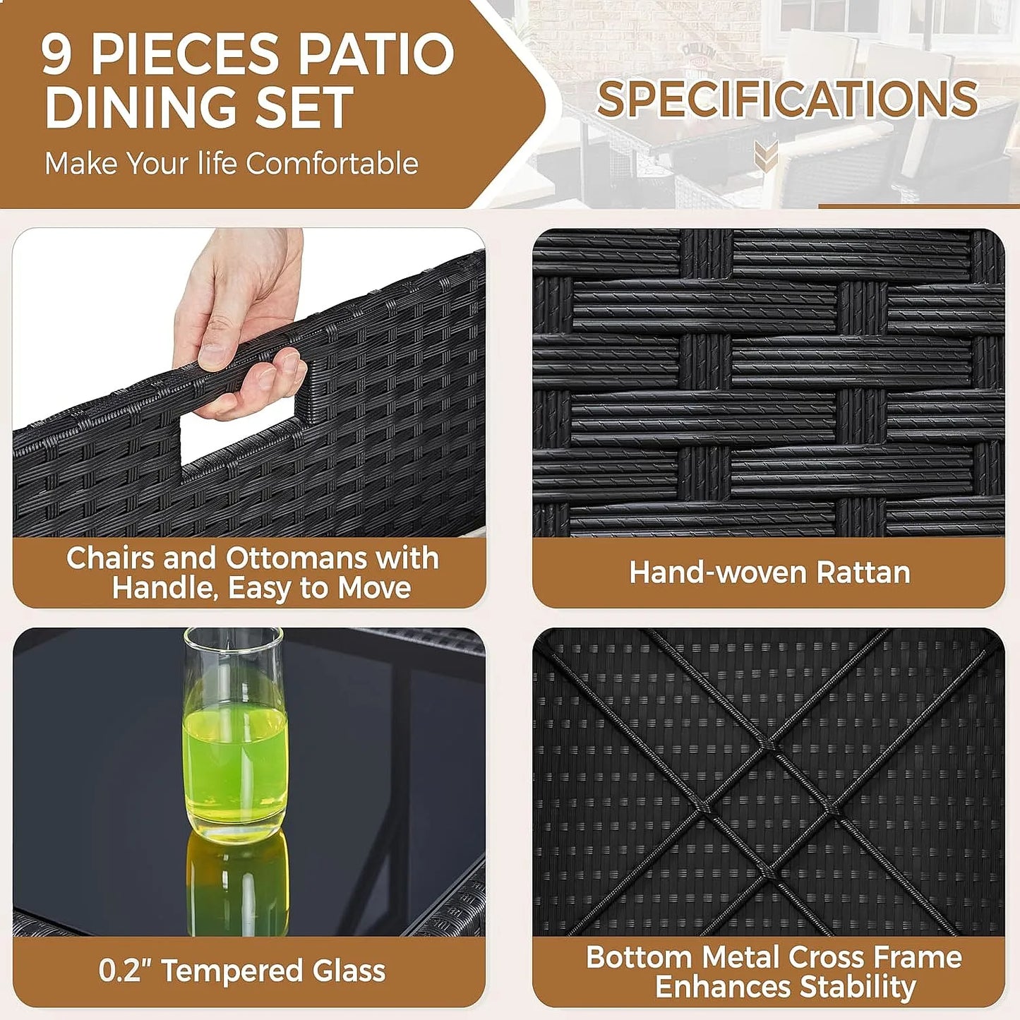 Outdoor Patio Dining Set With Rattan Chairs Glass Table And Removable Cushions