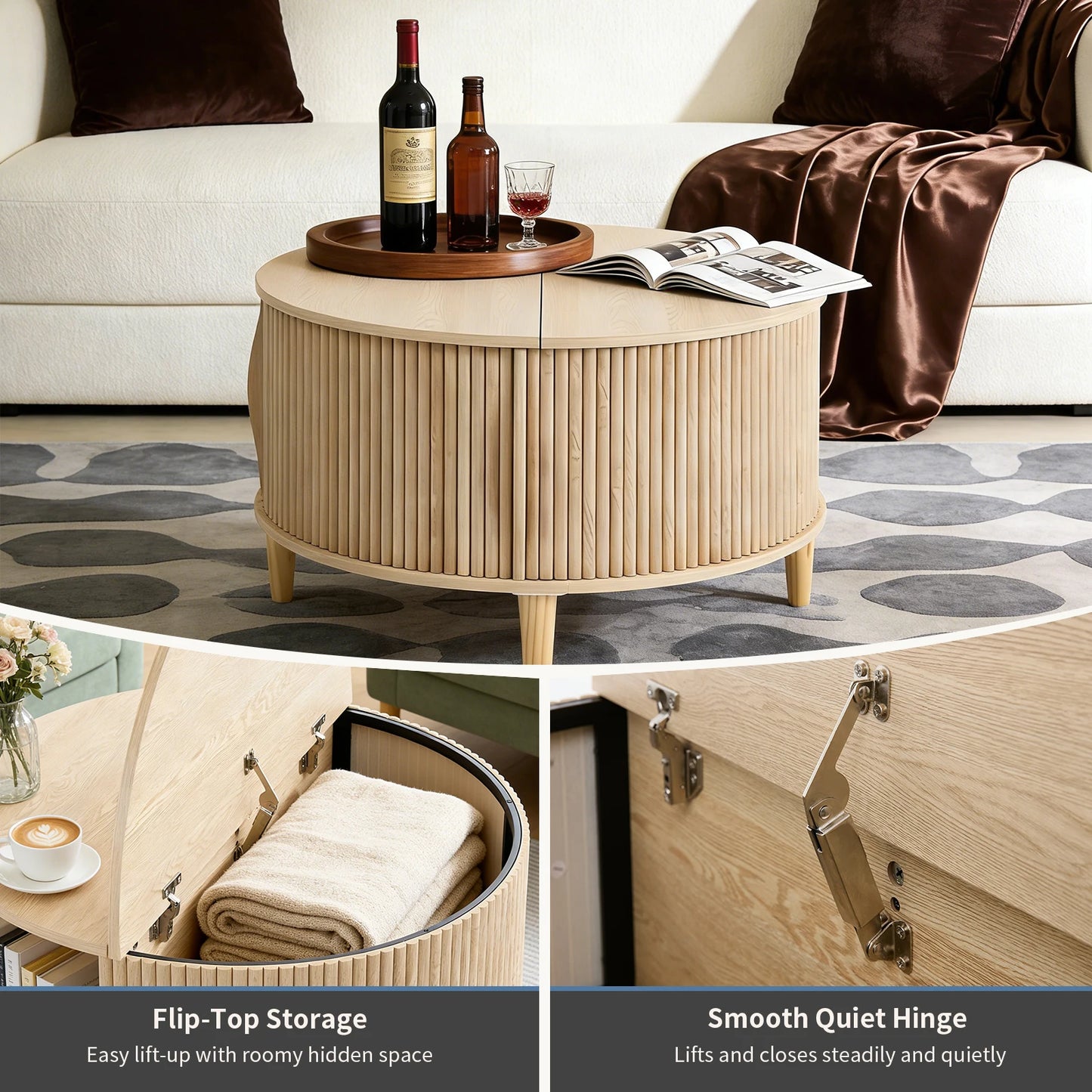 JHK Round Coffee Table With Flip Top Storage 2 Tier