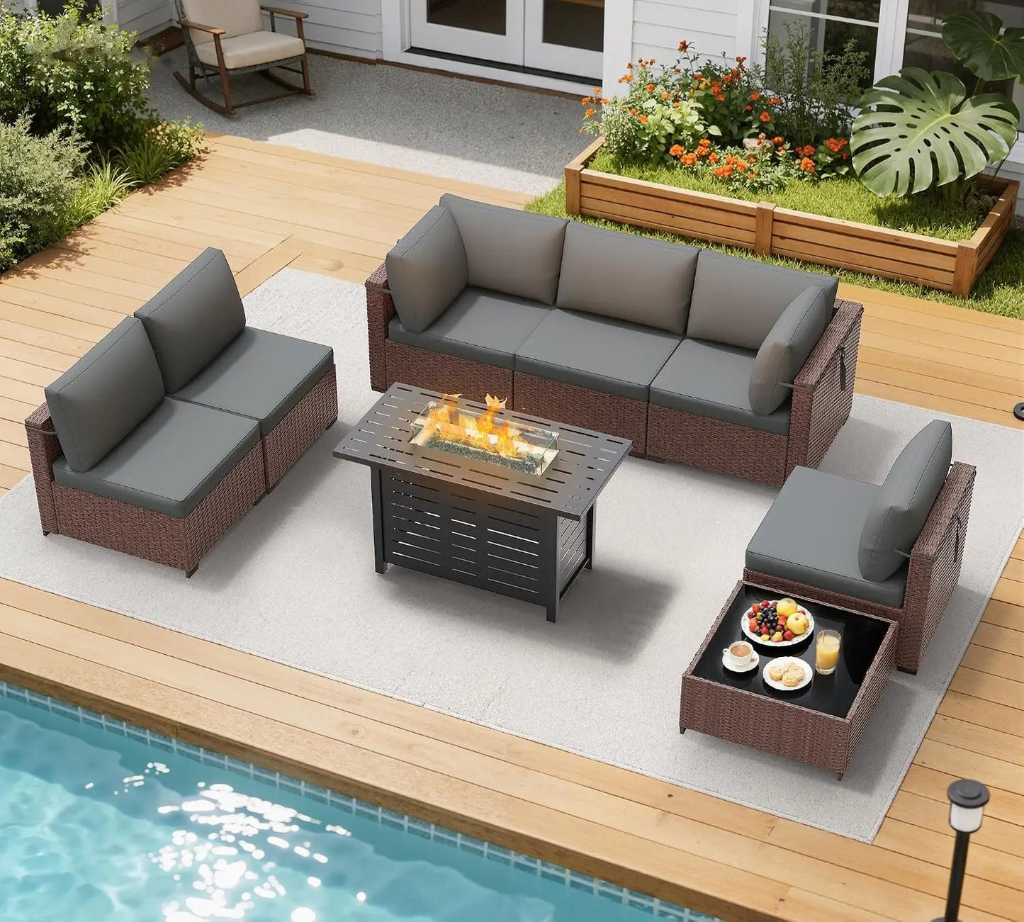 Outdoor Wicker Rattan Patio Furniture Set With Firepit Table