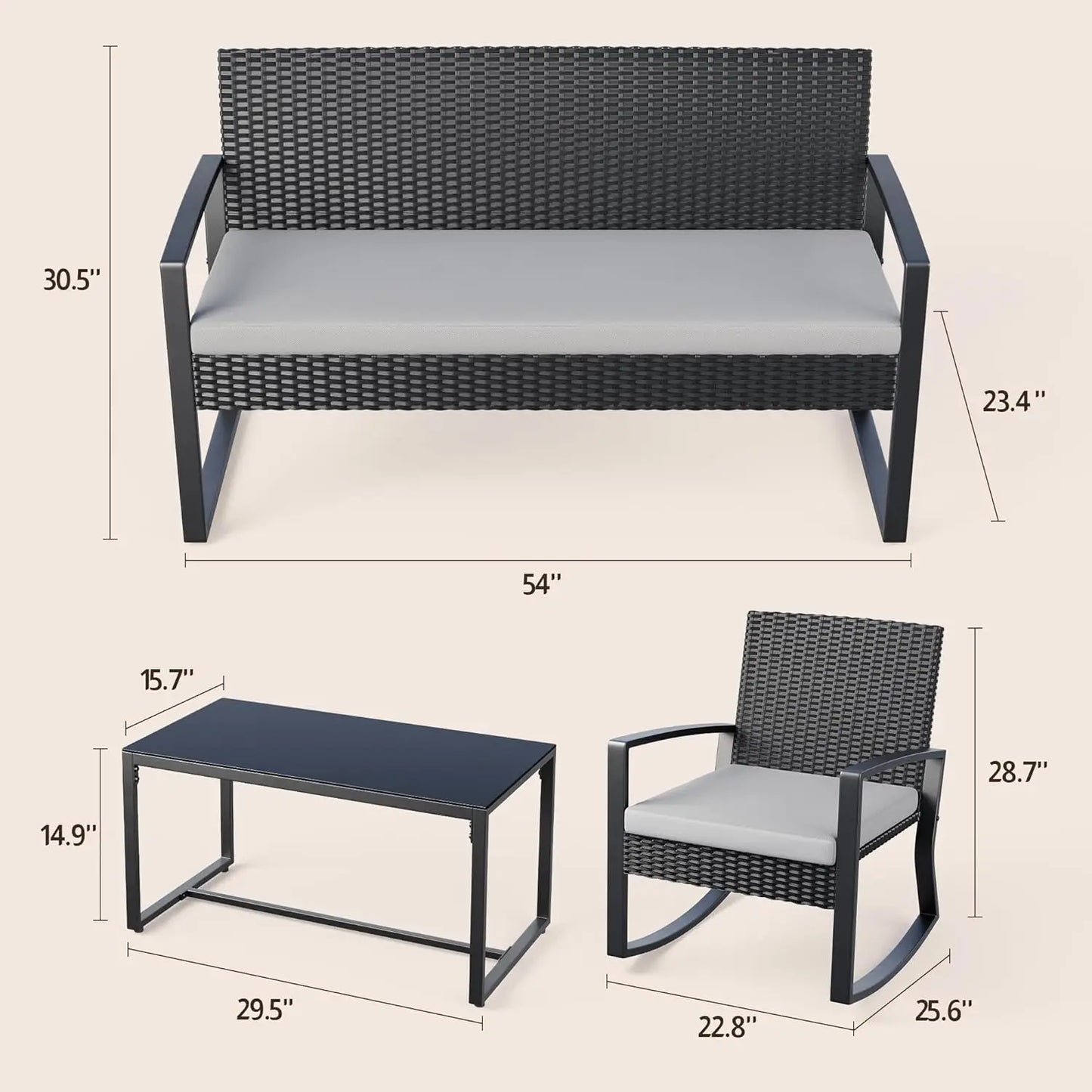 Guangbai Outdoor 4 Piece Wicker Patio Set With Glass Table