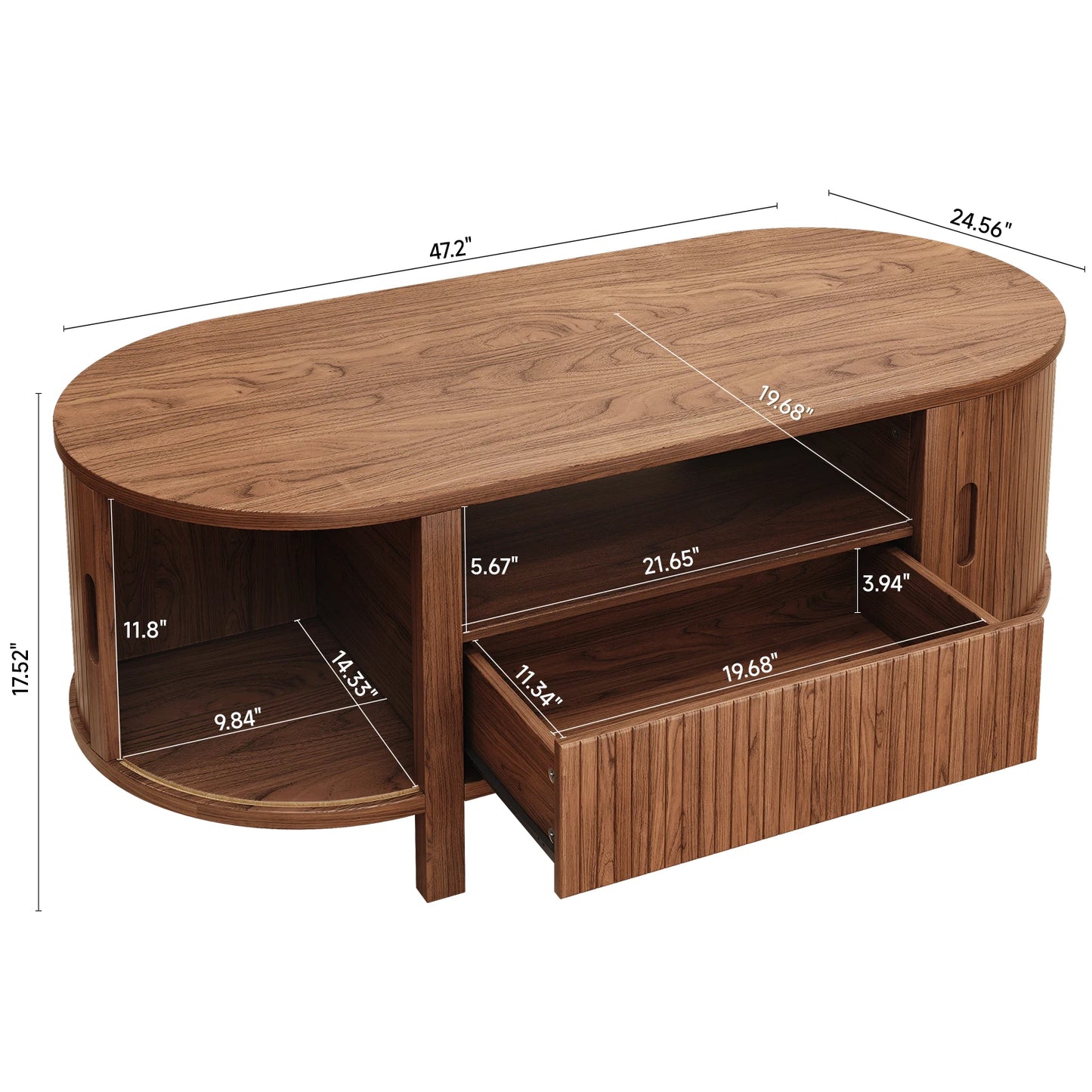 Oval Coffee Table With Storage Cabinets And Sliding Doors