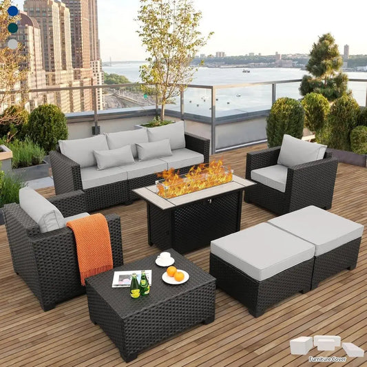 7-Piece Outdoor Patio Furniture Set With Propane Fire Pit Table