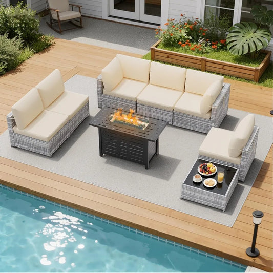 Outdoor Wicker Patio Furniture Set With Firepit Table
