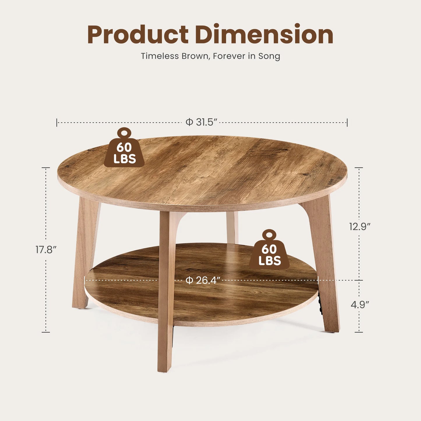 JHK Wood Round Coffee Table With Storage And SlipResistant Feet