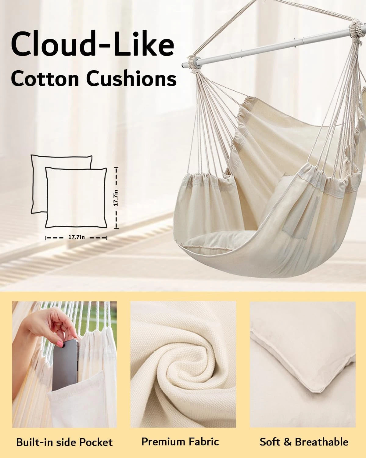 Indoor Outdoor Hanging Swing Chair With Premium Soft Fabric Comfort All Weather