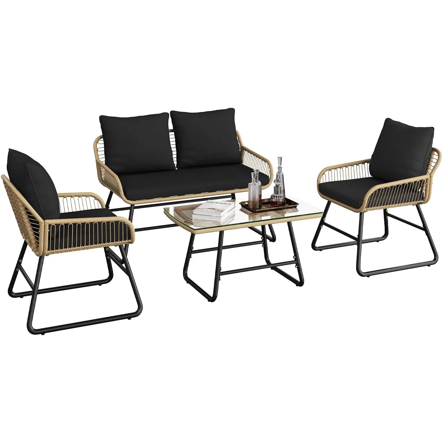 Wicker Patio Set With Cushioned Loveseat And Armchairs Glass Table