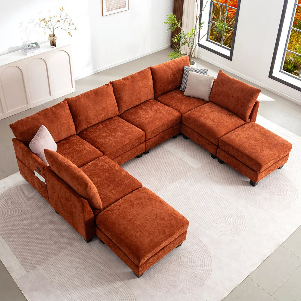 Modern U-Shaped Sectional Sofa With Ottomans, Fabric Living Room Set