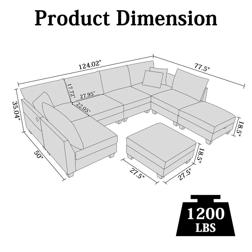 Modern U-Shaped Sectional Sofa With Ottomans, Fabric Living Room Set