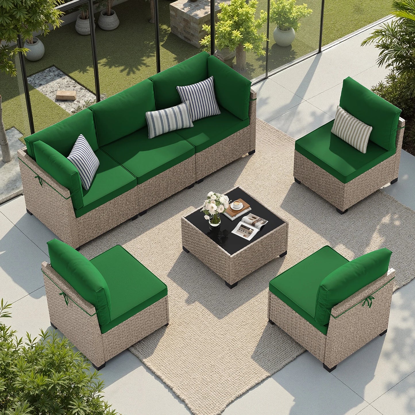 Outdoor Rattan 7 Piece Patio Furniture Set With Tempered Glass Table All Weather