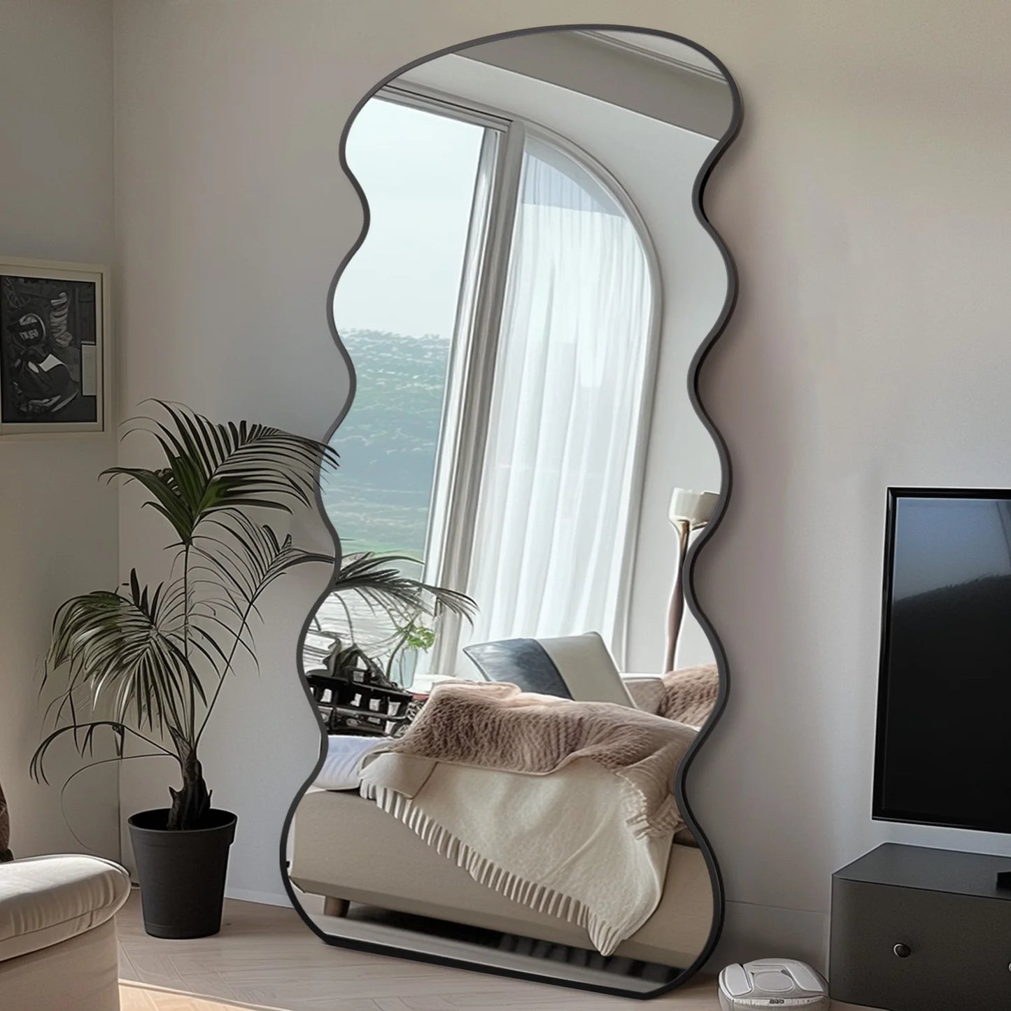 Antok Full Length Mirror With Stand In Wavy Glass Design