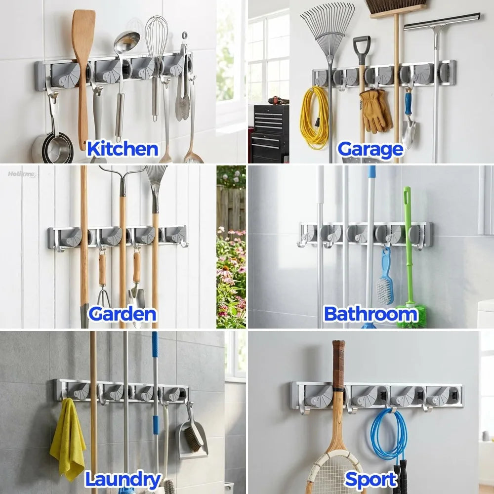 Wall Mounted Mop Broom Holder With Hooks Metal Tool Organizer