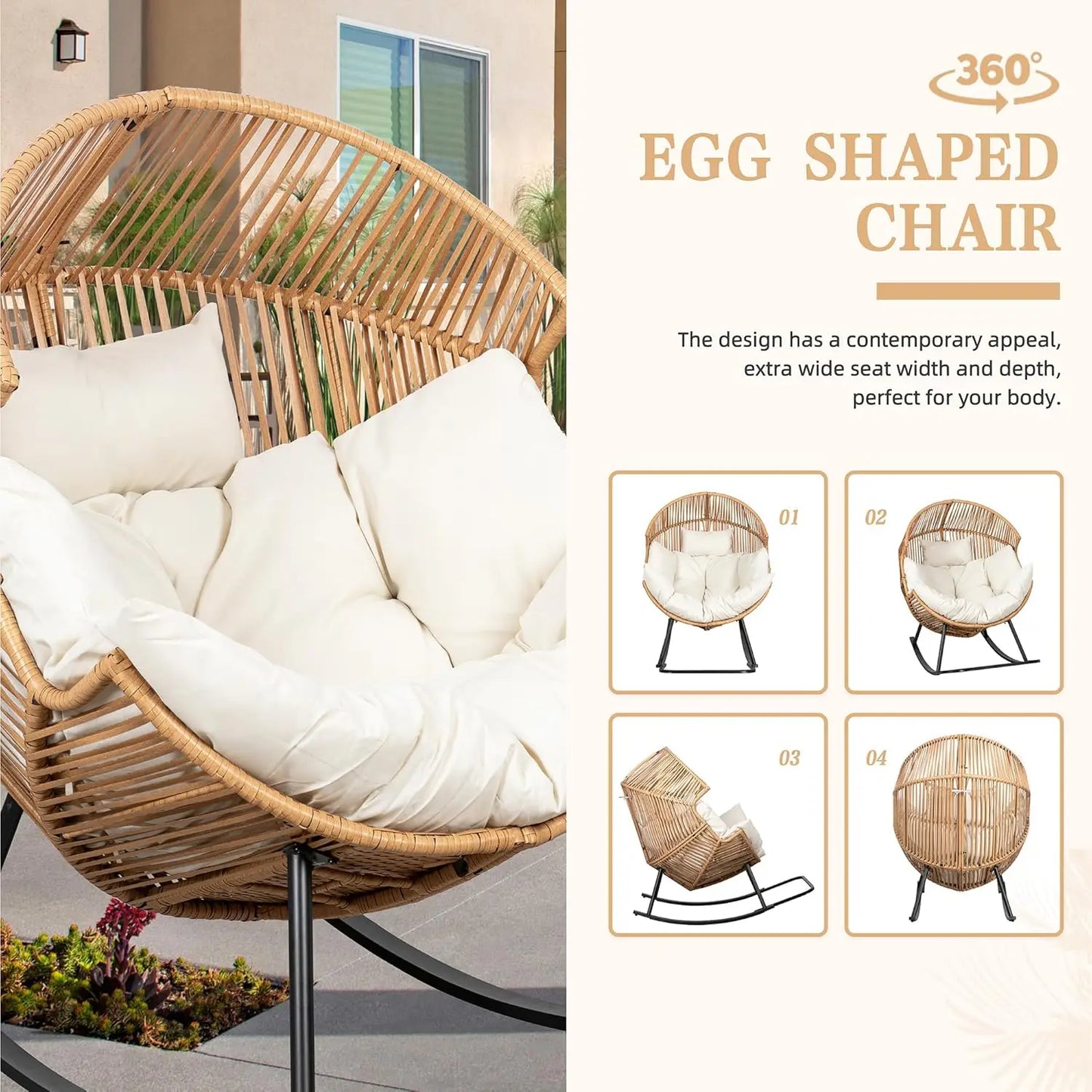 Wicker Rocking Egg Chair With Cushion For Indoor Outdoor Use