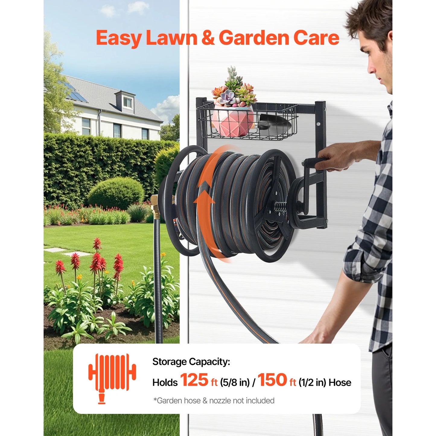 SucceBuy Wall Mounted Garden Hose Reel With Brass Fittings And Basket