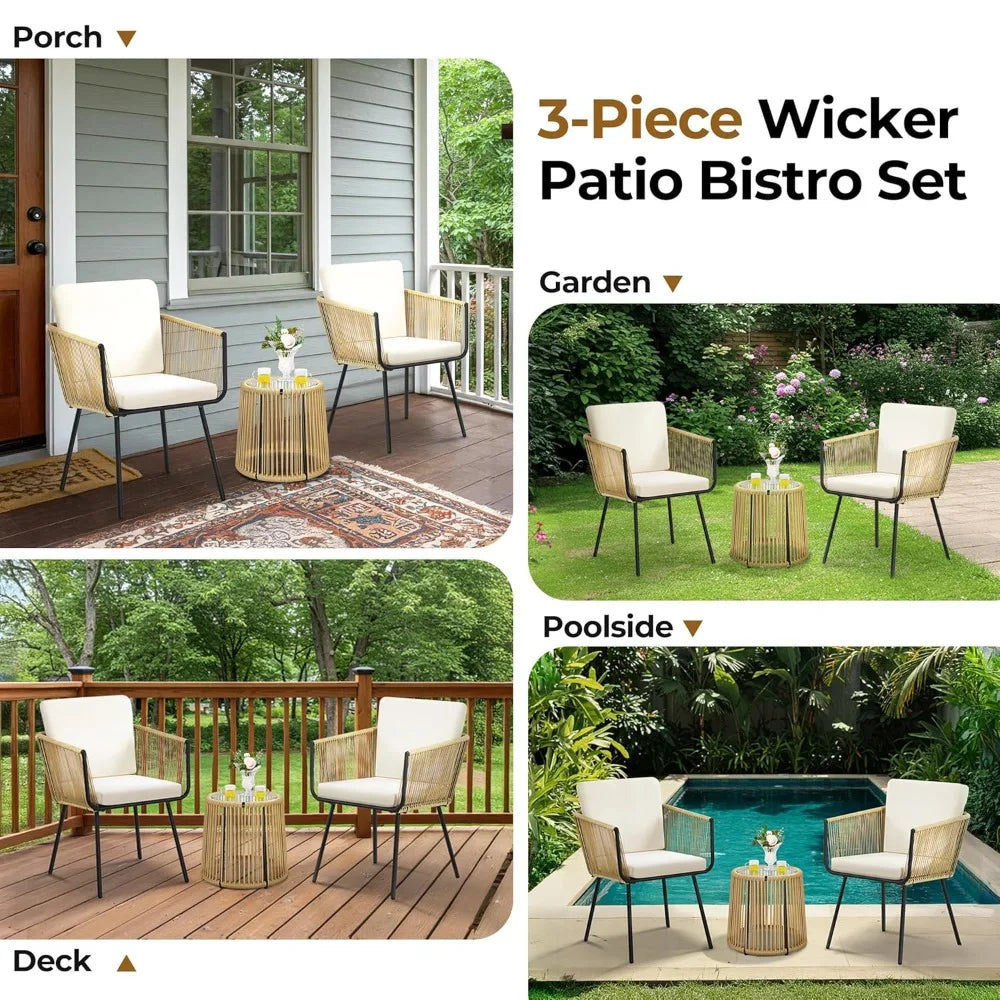 Patio Rattan Bistro Set With All Weather Tempered Glass Table