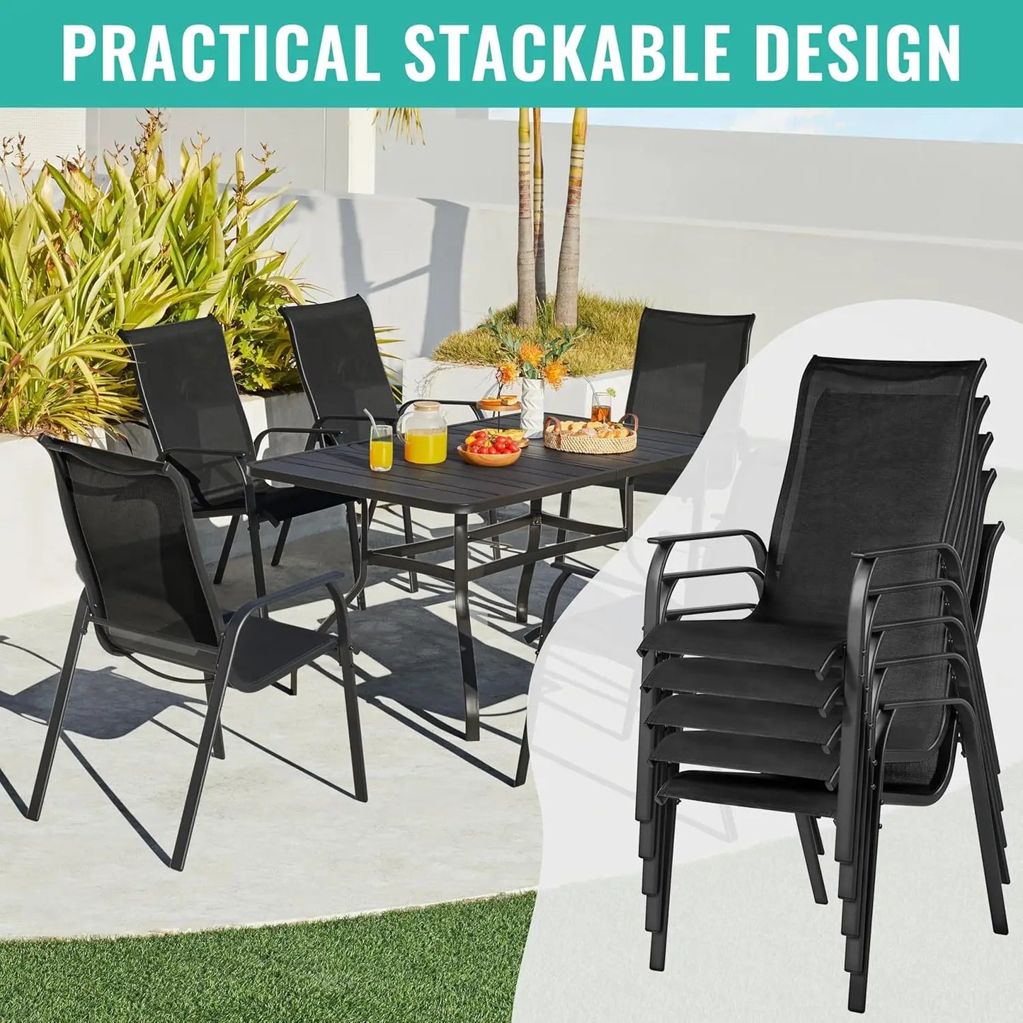 Stackable All Weather Patio Dining Chairs With Backrest And Armrests