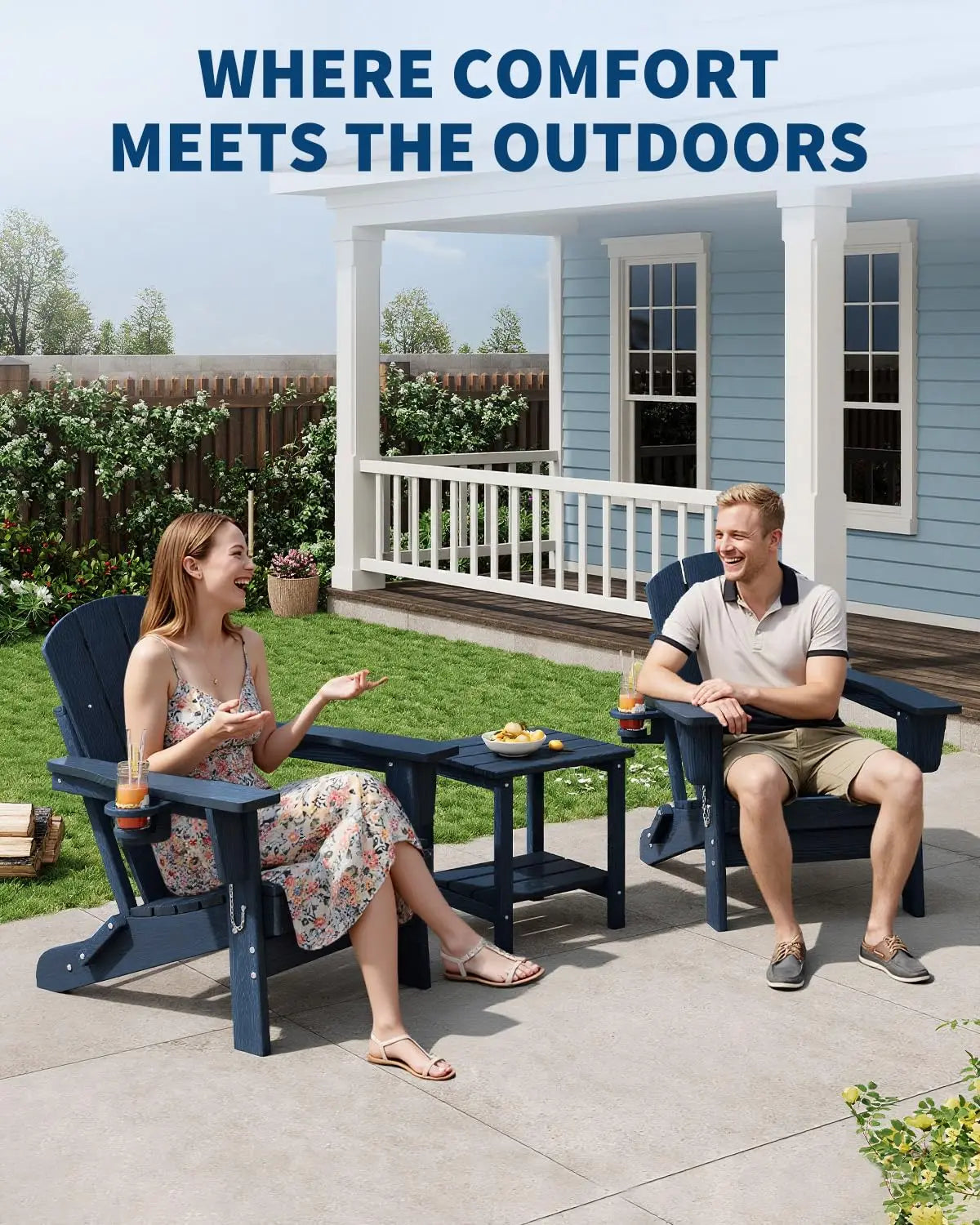 Folding Adirondack Chair All Weather HDPE Outdoor With Cup Holder