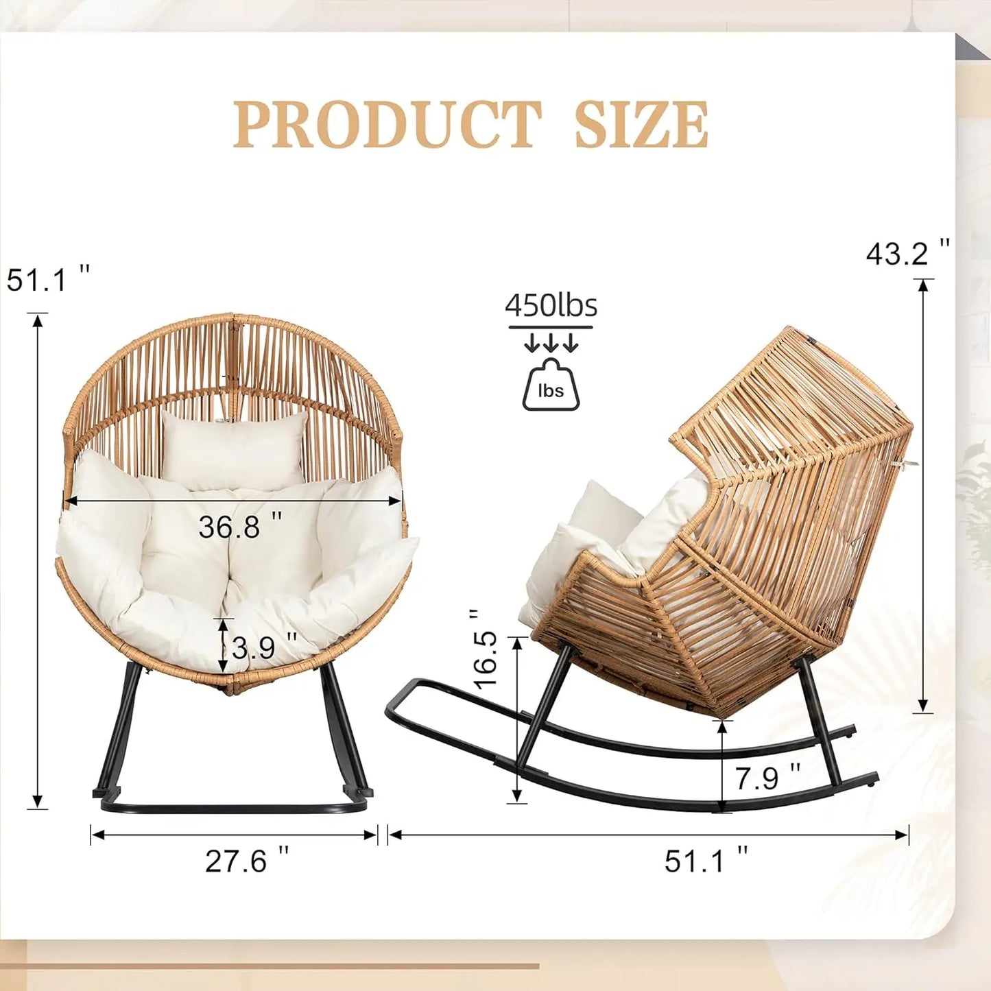 Wicker Rocking Egg Chair With Cushion For Indoor Outdoor Use
