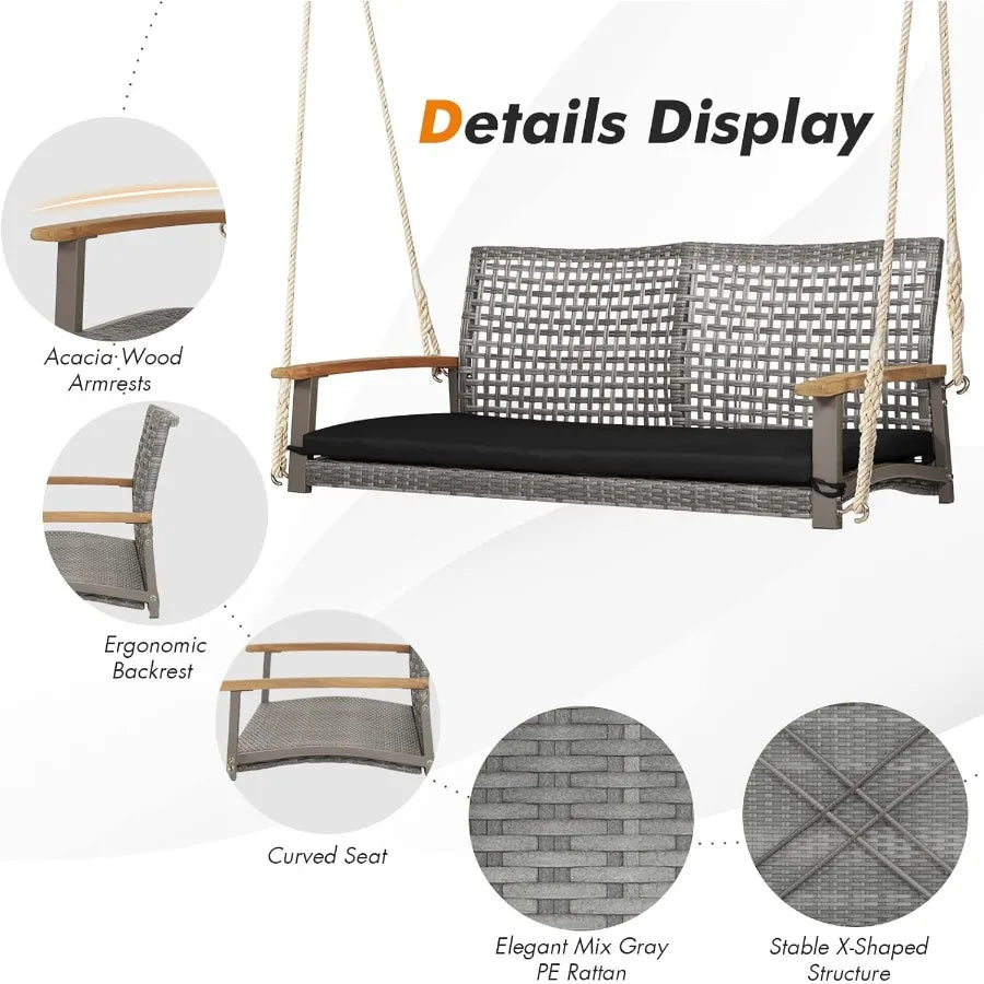 Durable Outdoor Hanging Porch Swing With Cushion For Two