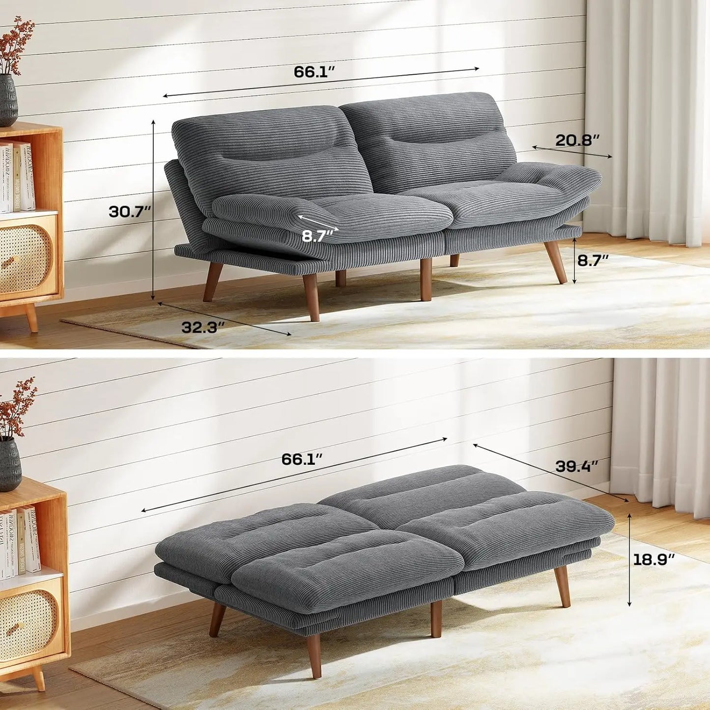 Convertible Futon Sofa Bed With Adjustable Backrest Corduroy Armrests