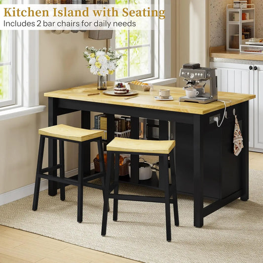 Kitchen Island With Storage And Two Bar Stools Rubberwood Top