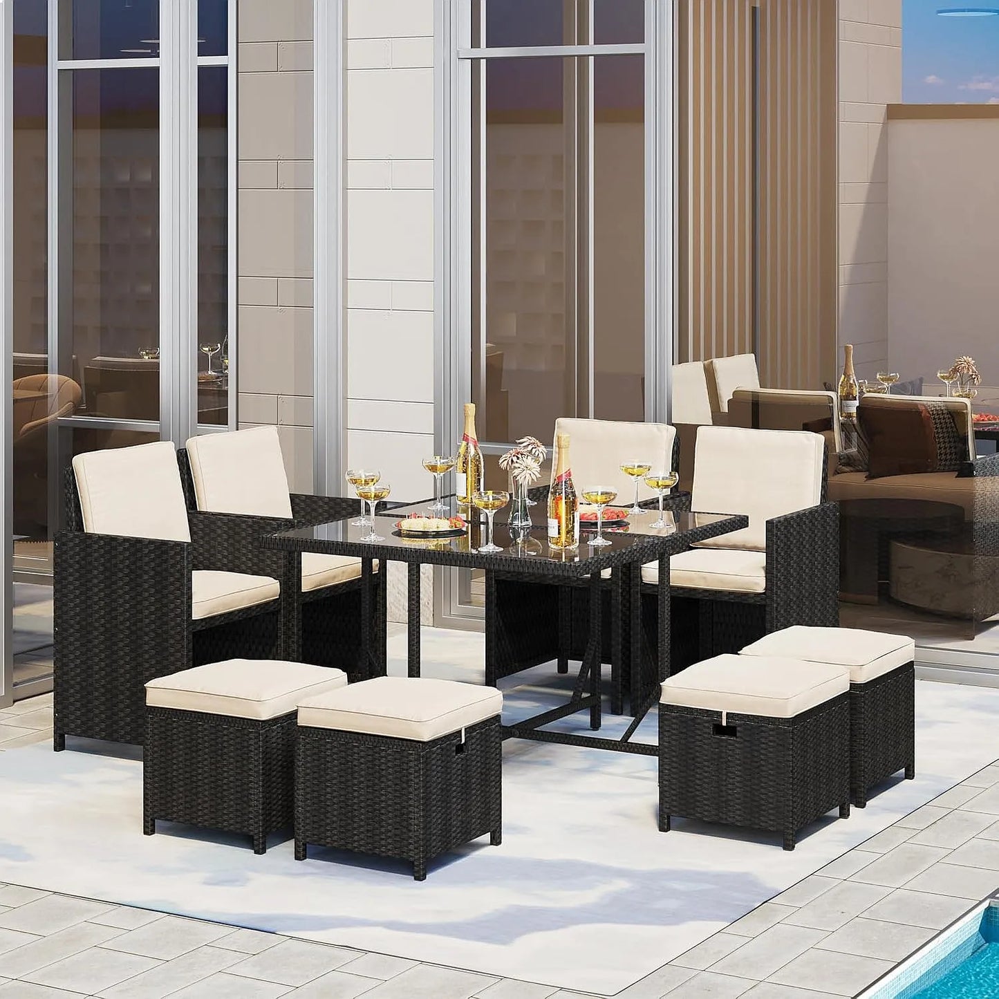 Outdoor Patio Dining Set With Rattan Chairs Glass Table And Removable Cushions