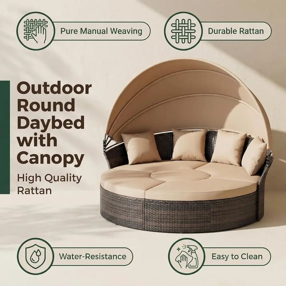 Outdoor Patio Daybed Set With Retractable Canopy Wicker Rattan Furniture