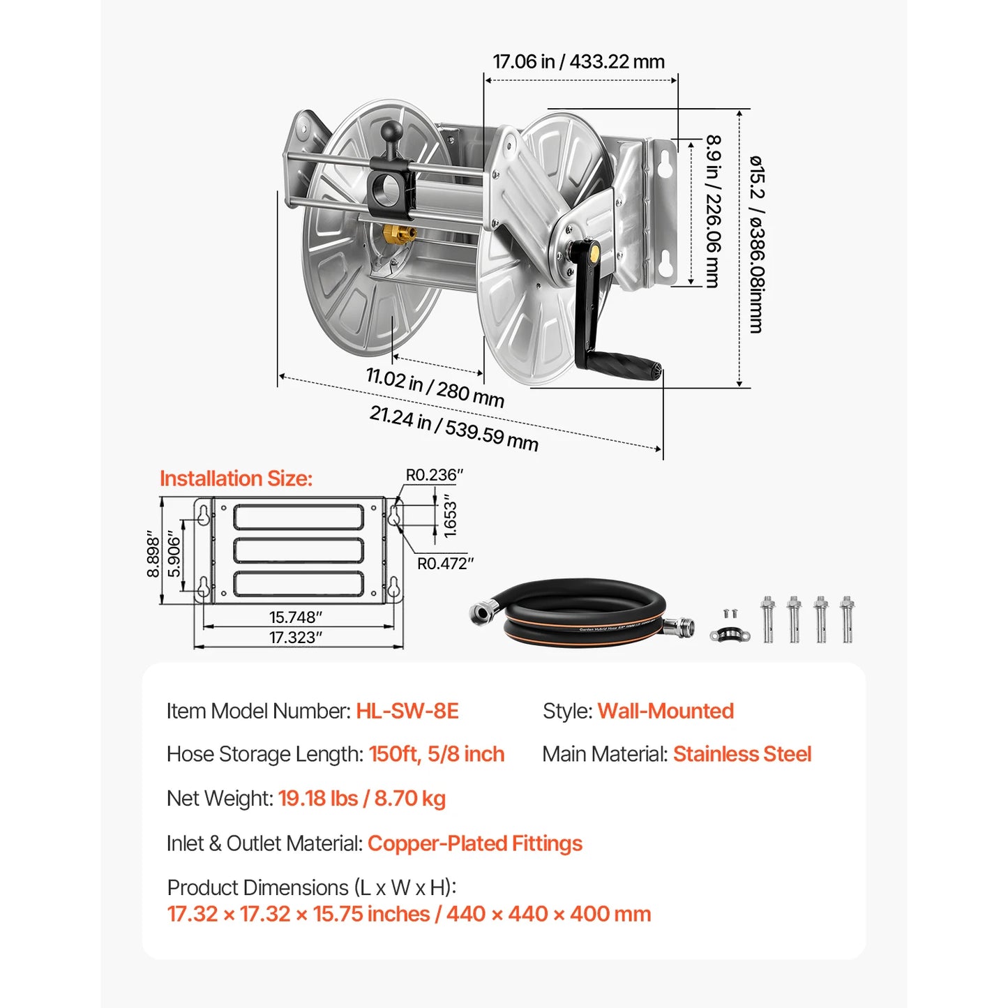 SucceBuy Wall Mounted Garden Hose Reel With Brass Fittings And Basket