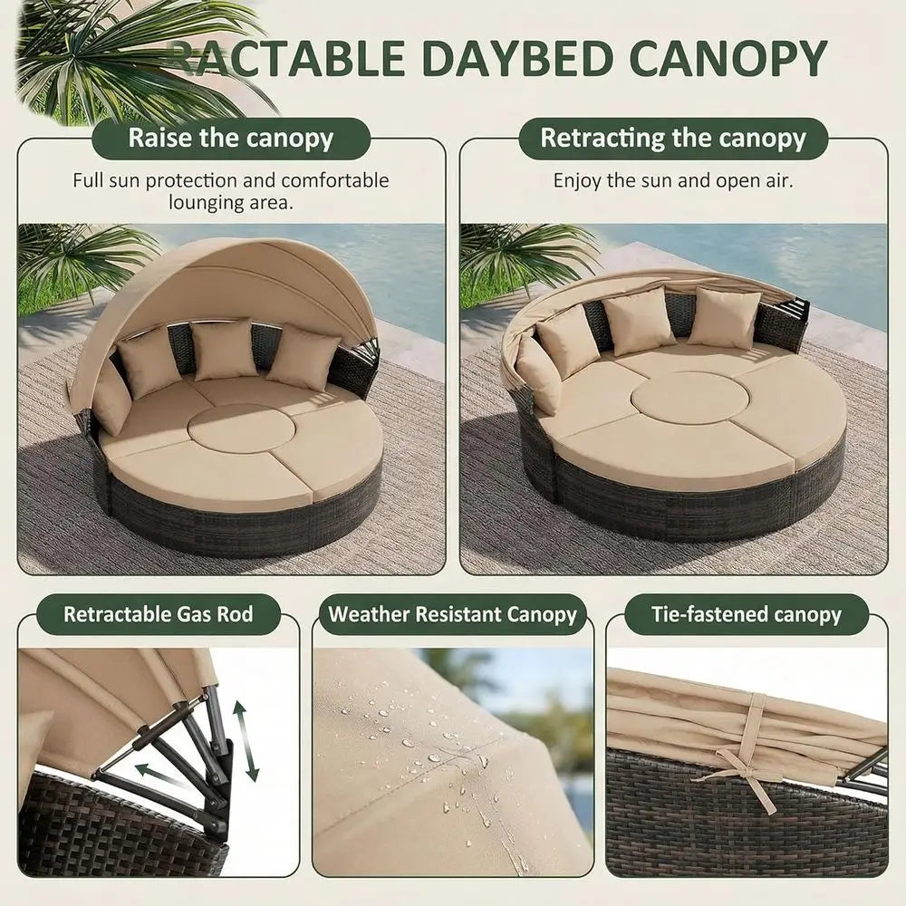 Outdoor Patio Daybed Set With Retractable Canopy Wicker Rattan Furniture